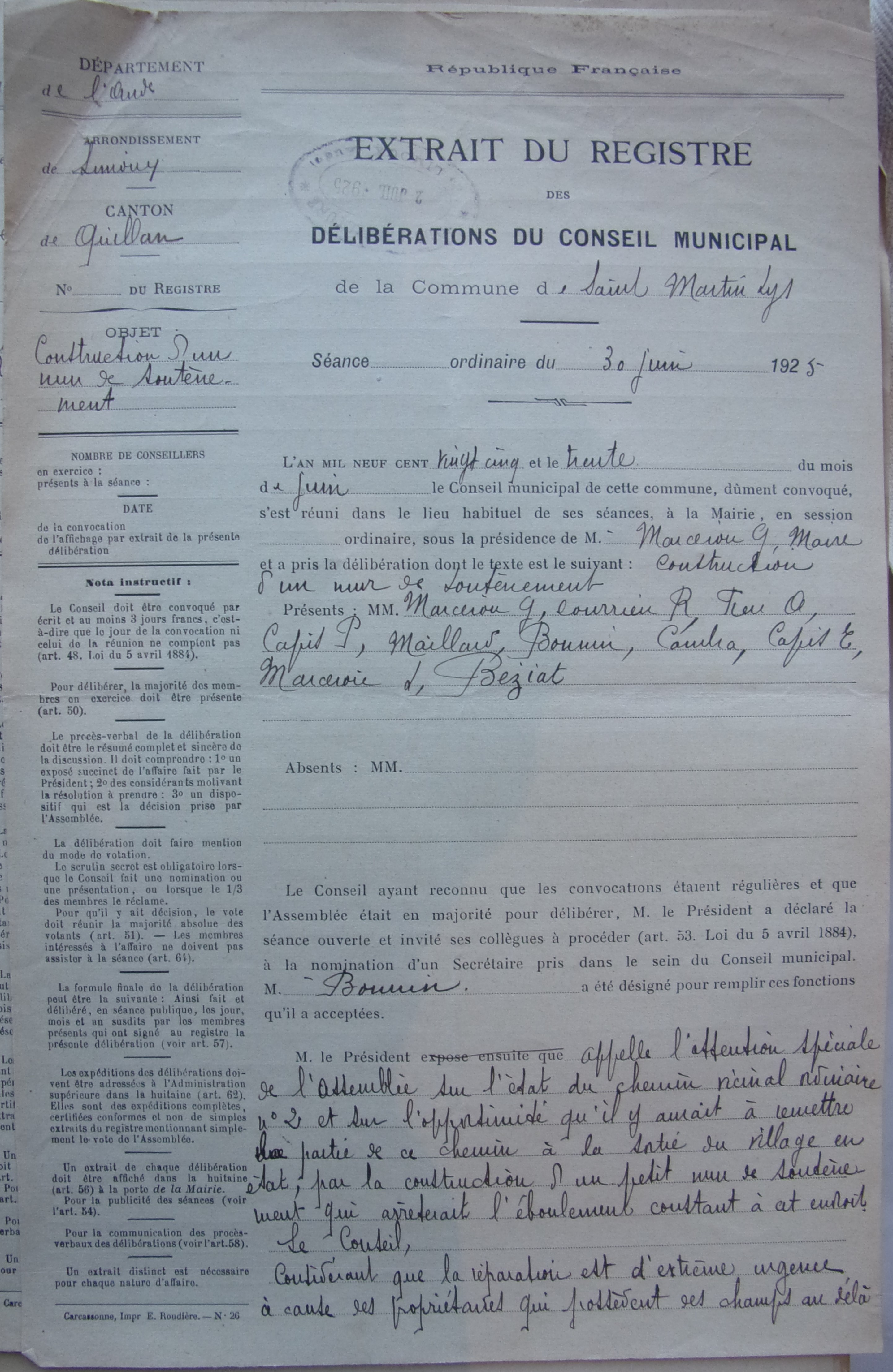 19250630 délibération conseil Construction d'un mur de soutènement p1 100_4660