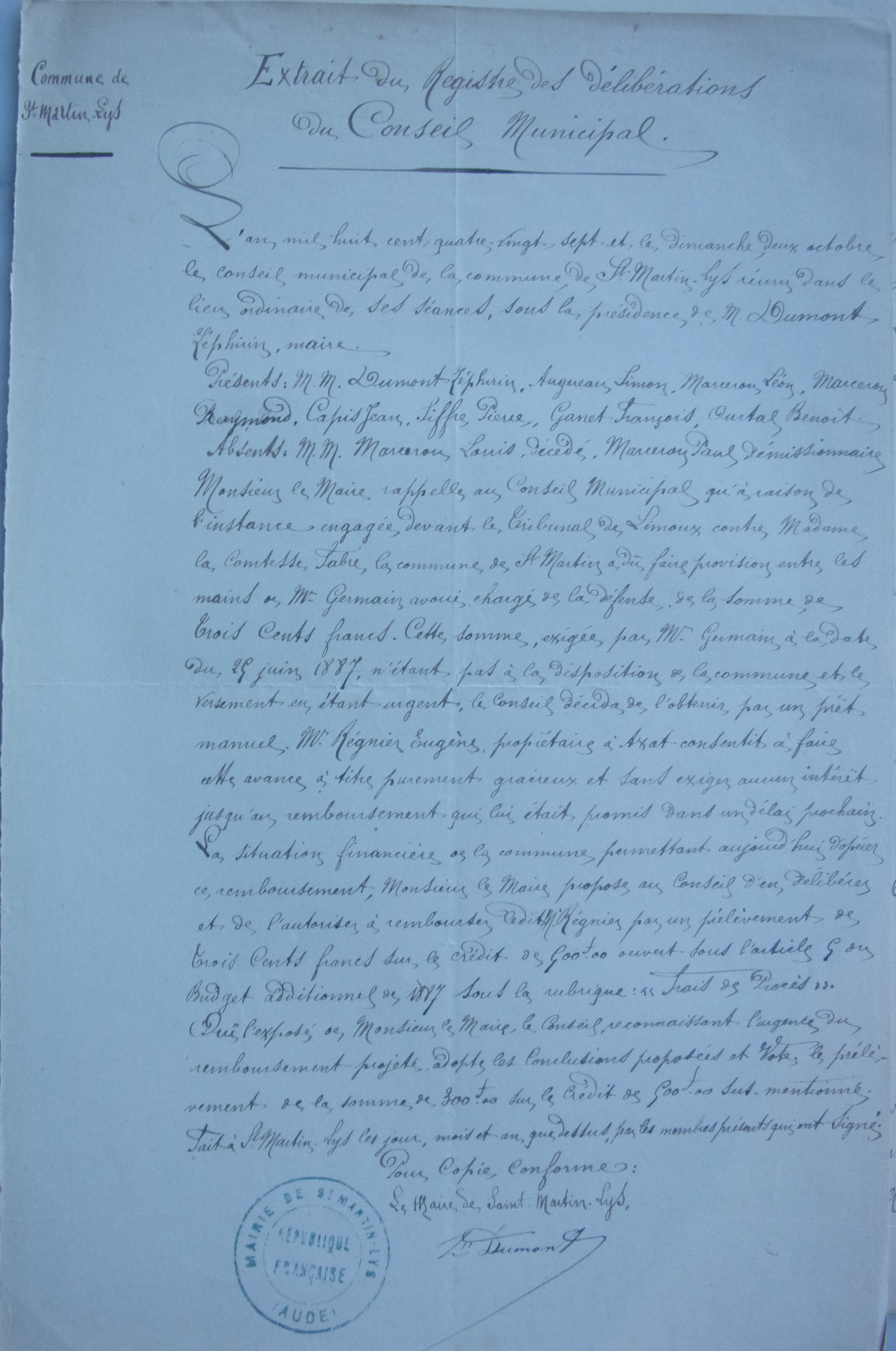 02 octobre 1887 - Remboursement d'une avance faite pour les frais de procès contre la comtesse Fabre de l'Aude