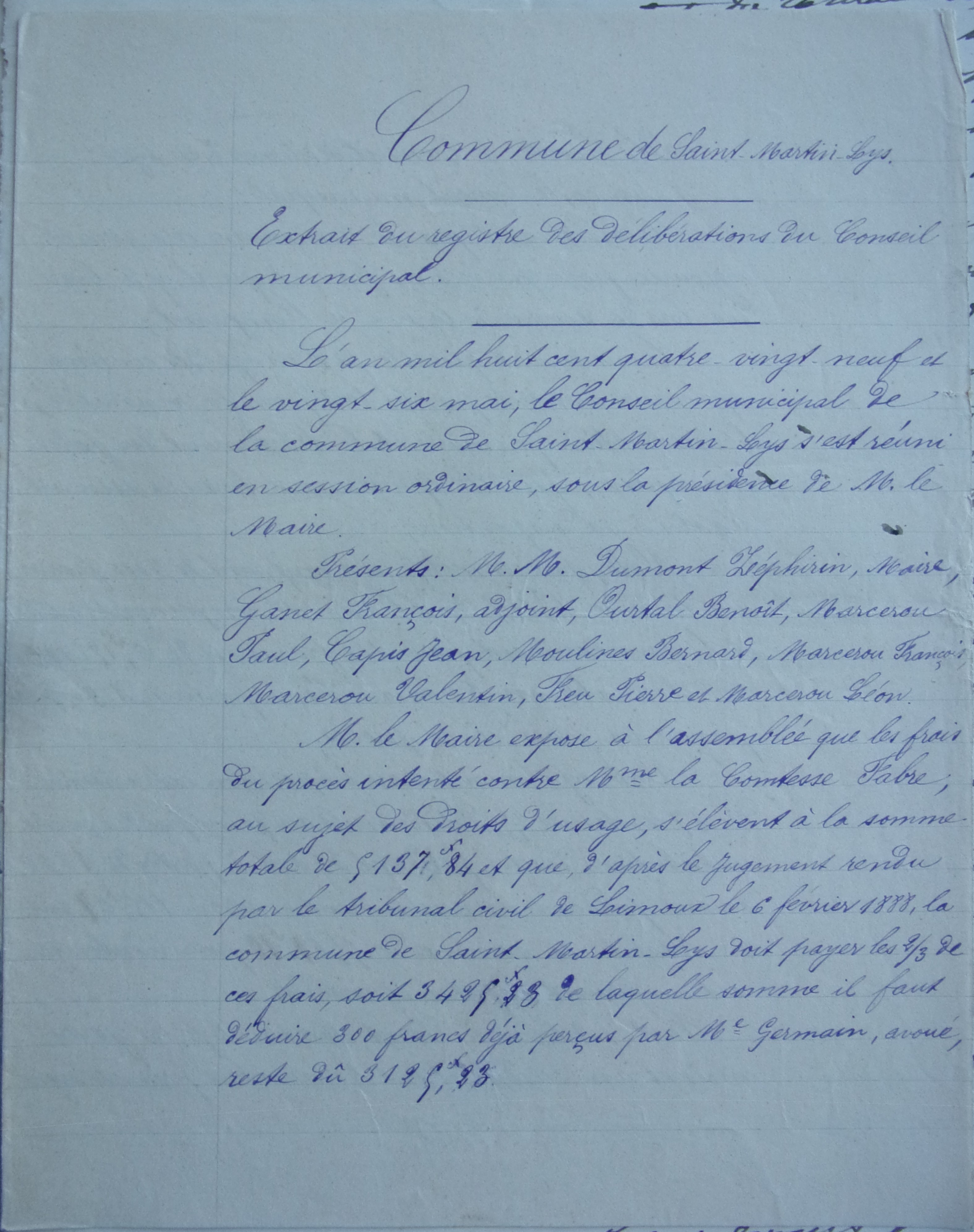 26 mai 1889 - Délibération du conseil municipal - Proposition d'emprunter pour rembourser les frais du procès contre la Comtesse Fabre de l'Aude