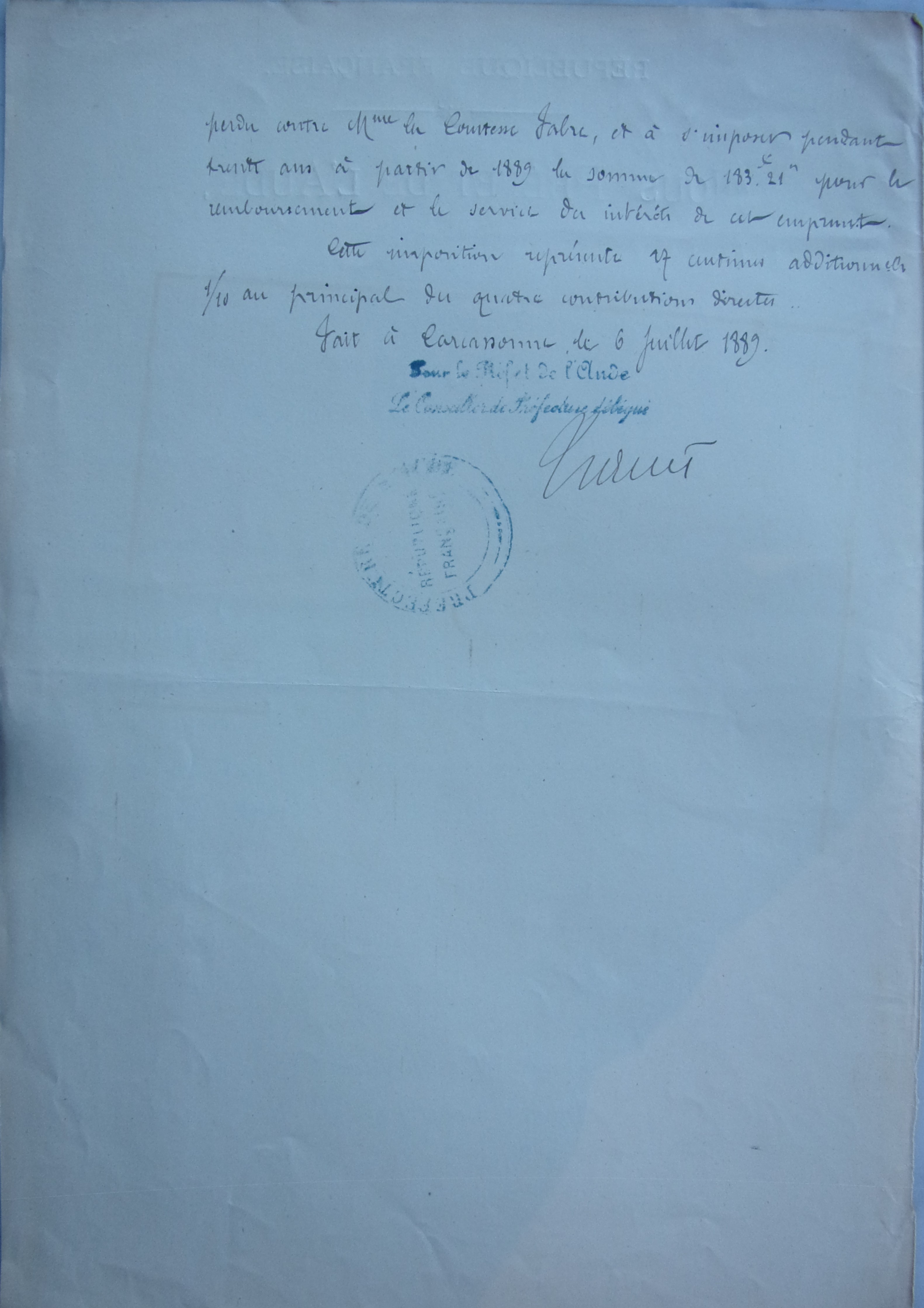 06 juillet 1889 - Avis favorable du Préfet à l'emprunt de la commune pour rembourser les frais du procès contre la comtesse Fabre de l'Aude p2