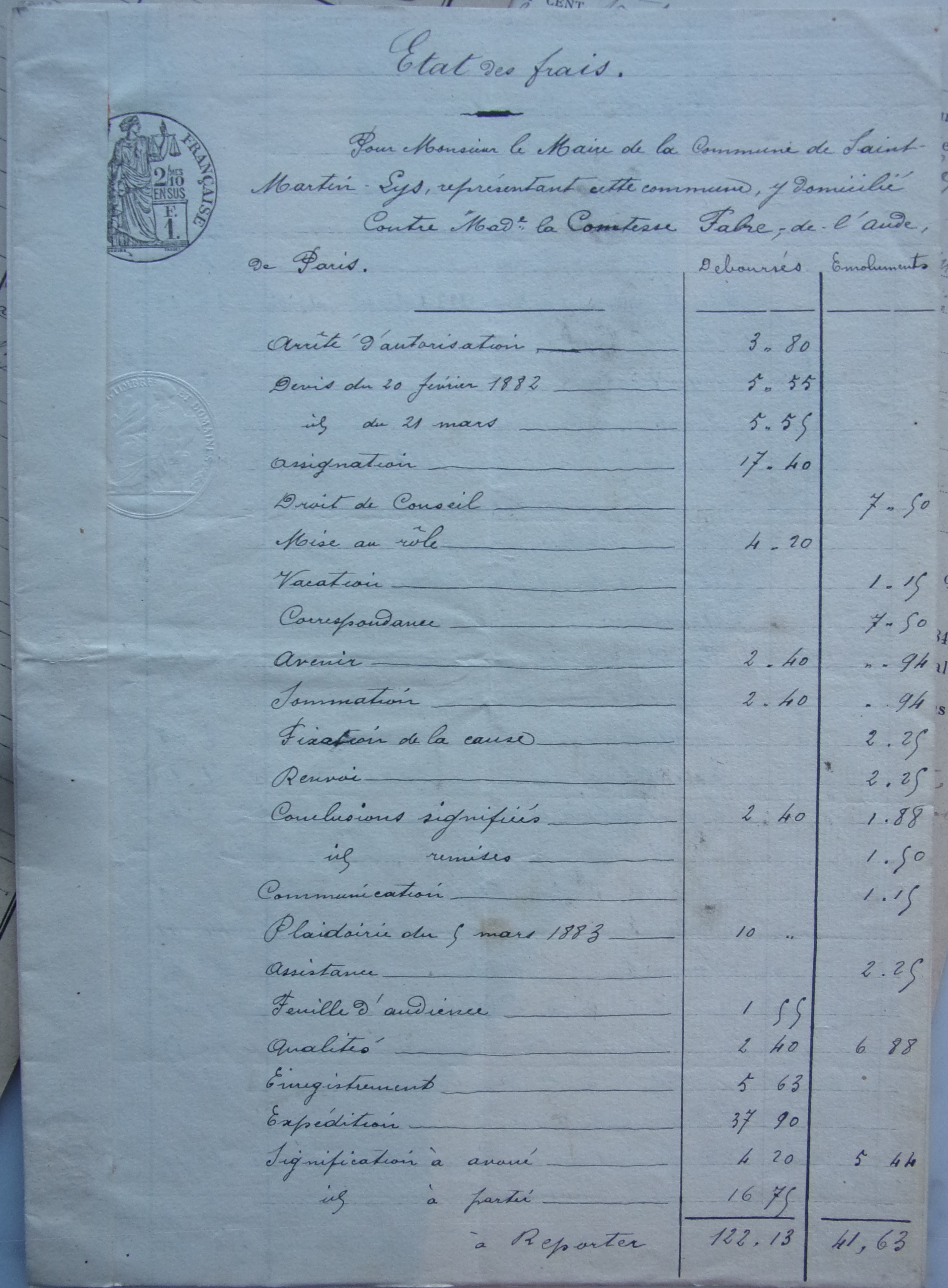 16 octobre 1889 - Etat des frais pour monsieur le Maire représentant la commune contre Madame la comtesse Fabre de l'Aude p1