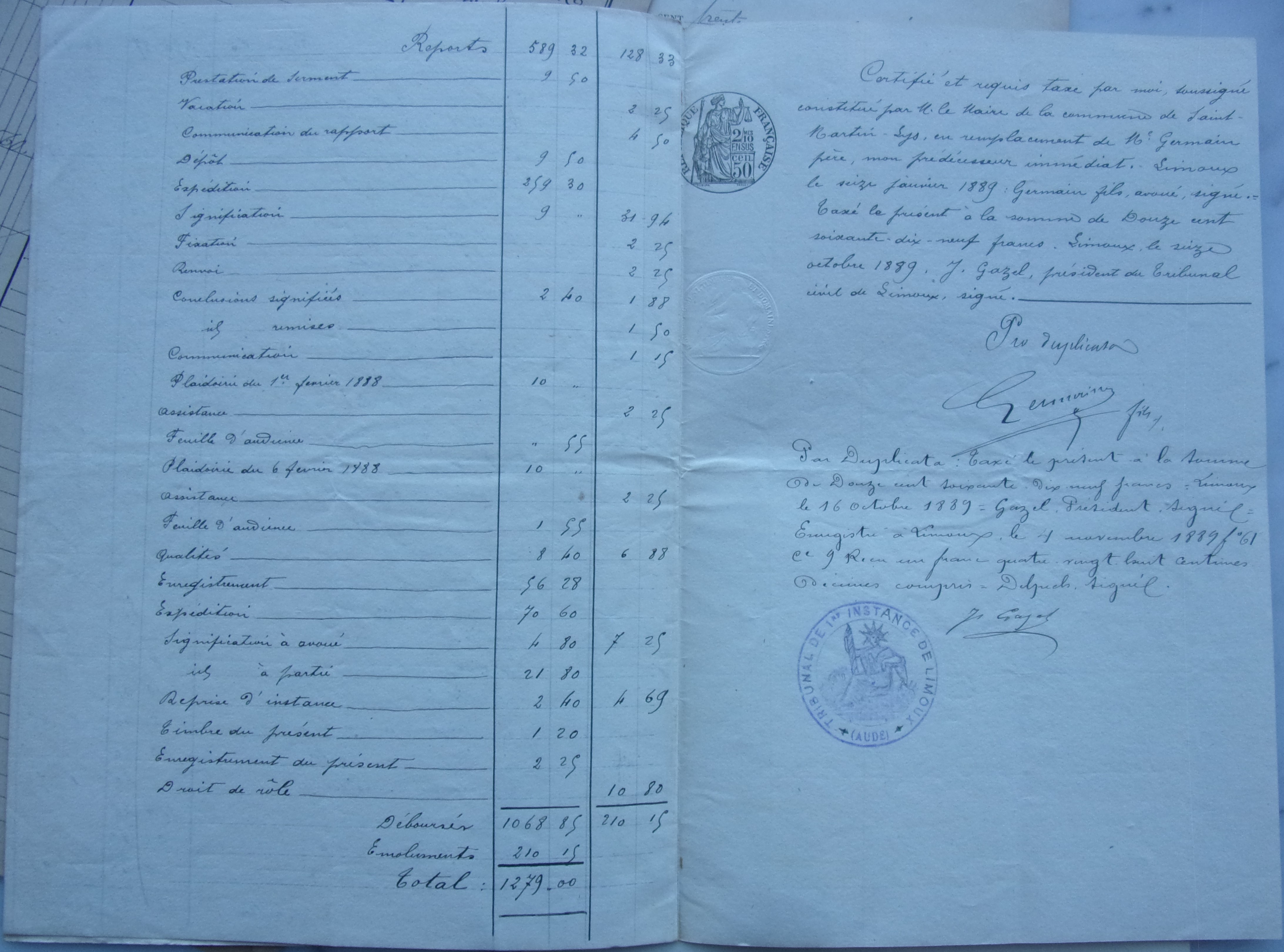 16 octobre 1889 - Etat des frais pour monsieur le Maire représentant la commune contre Madame la comtesse Fabre de l'Aude p3