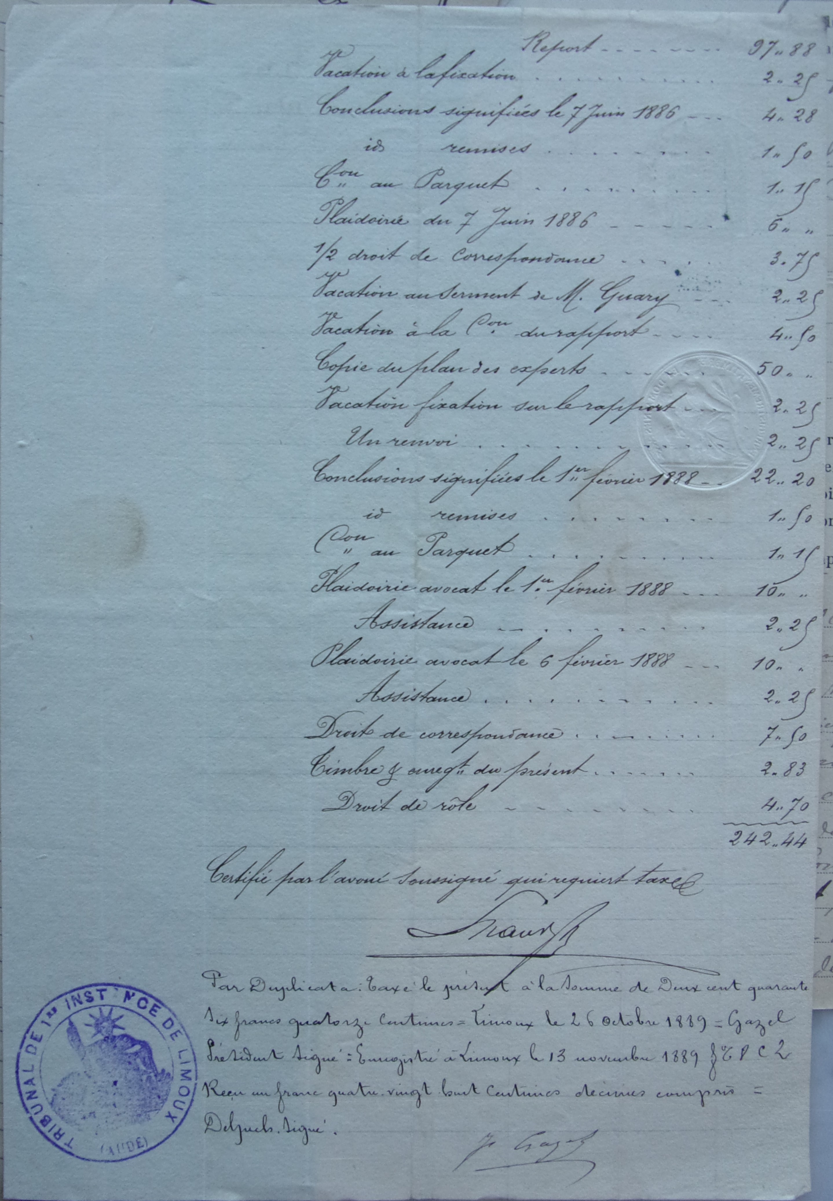 26 octobre 1889 - Role de frais pour madame la comtesse Fabre de l'Aude contre la commune p1