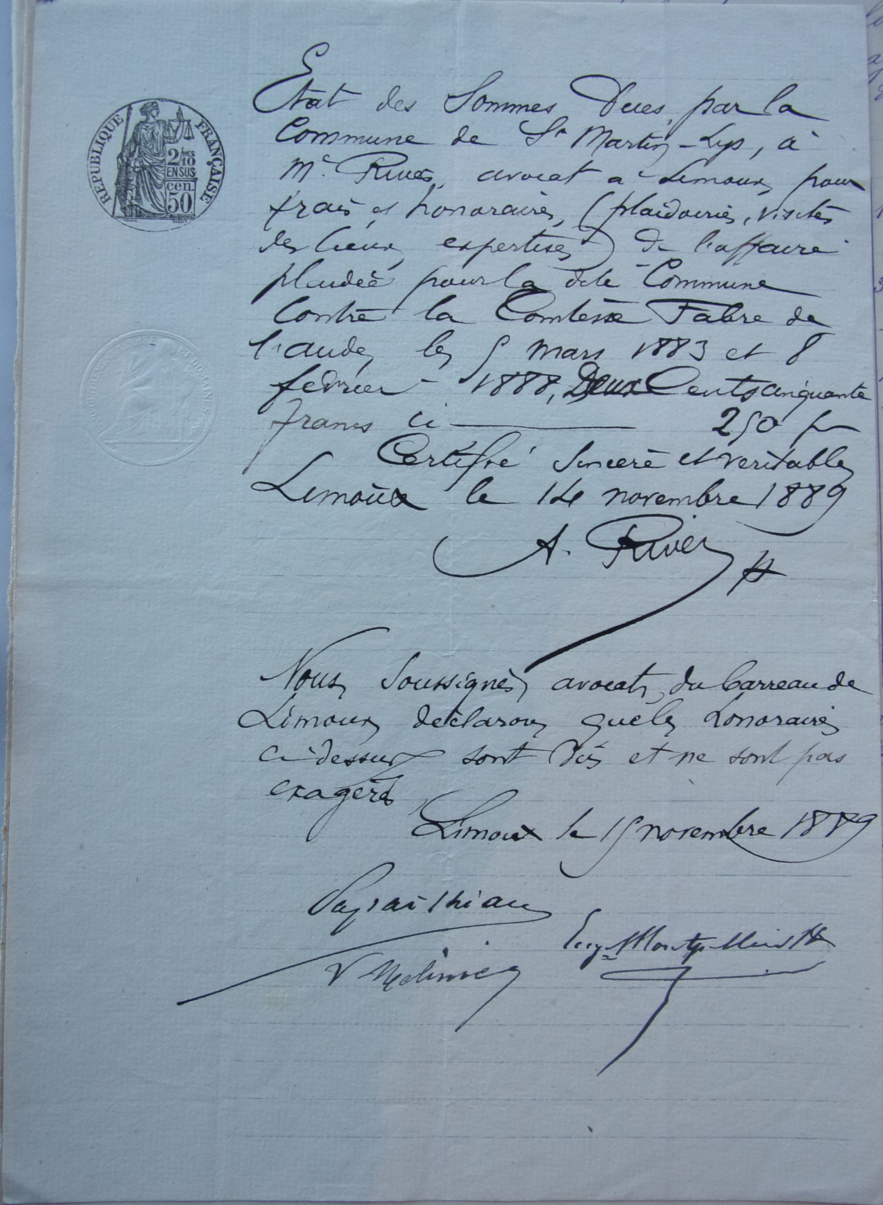 14 novembre 1889 - Etat des sommes dues par la commune aux avocat du procès contre la comtesse Fabre de l'Aude