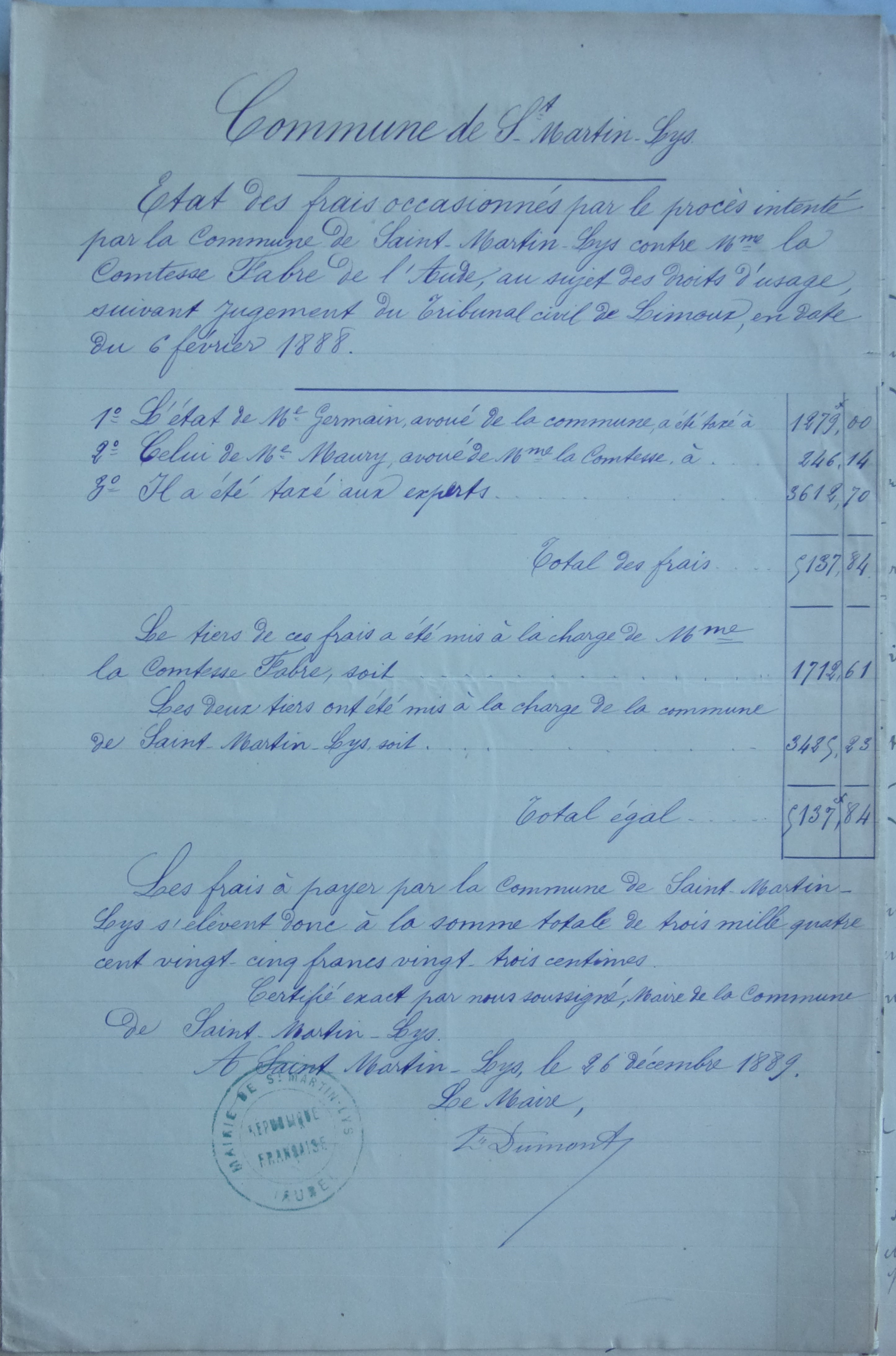 26 décembre 1889 - Etat des frais occasionnés par le procès contre la comtesse Fabre de l'Aude