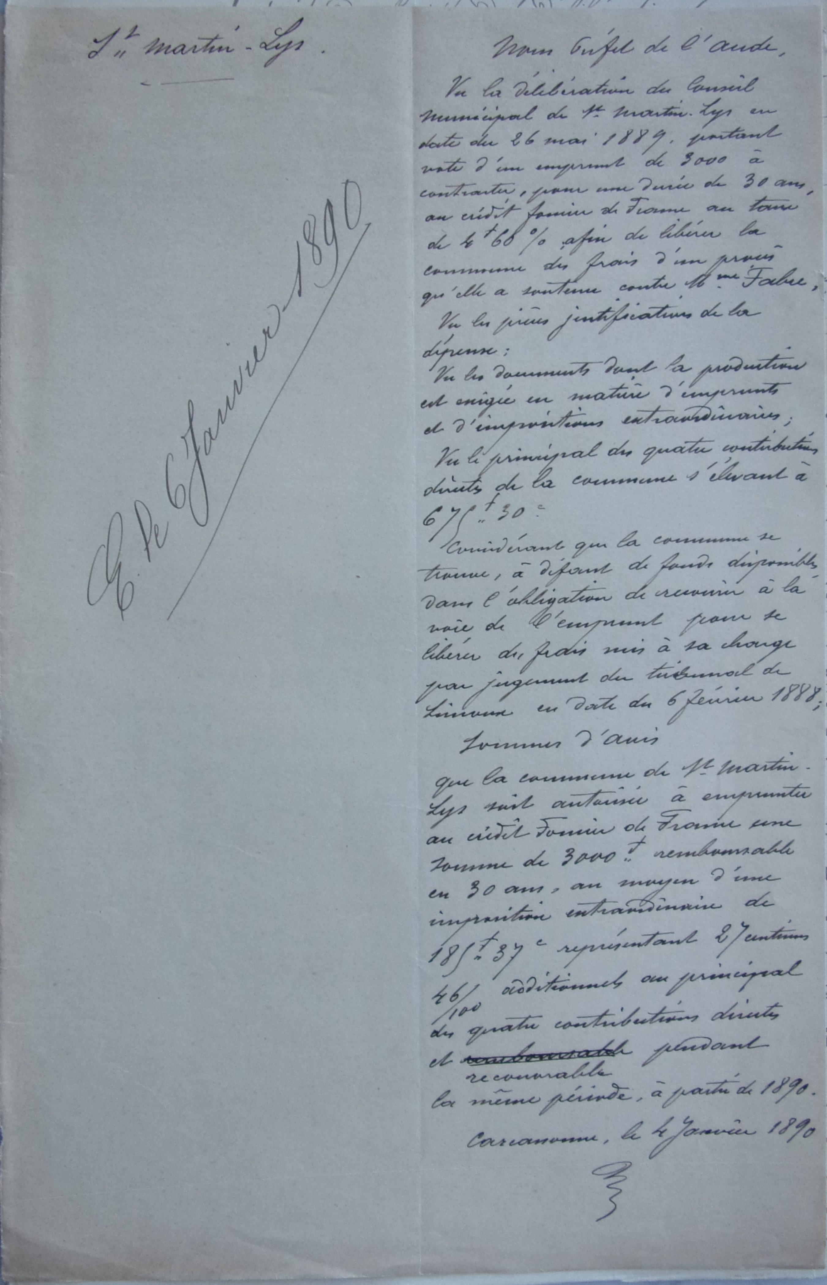 04 janvier 1890 - Préfet autorise la commune à emprunter pour rembourser les frais du procès contre la contesse Fabre de l'Aude