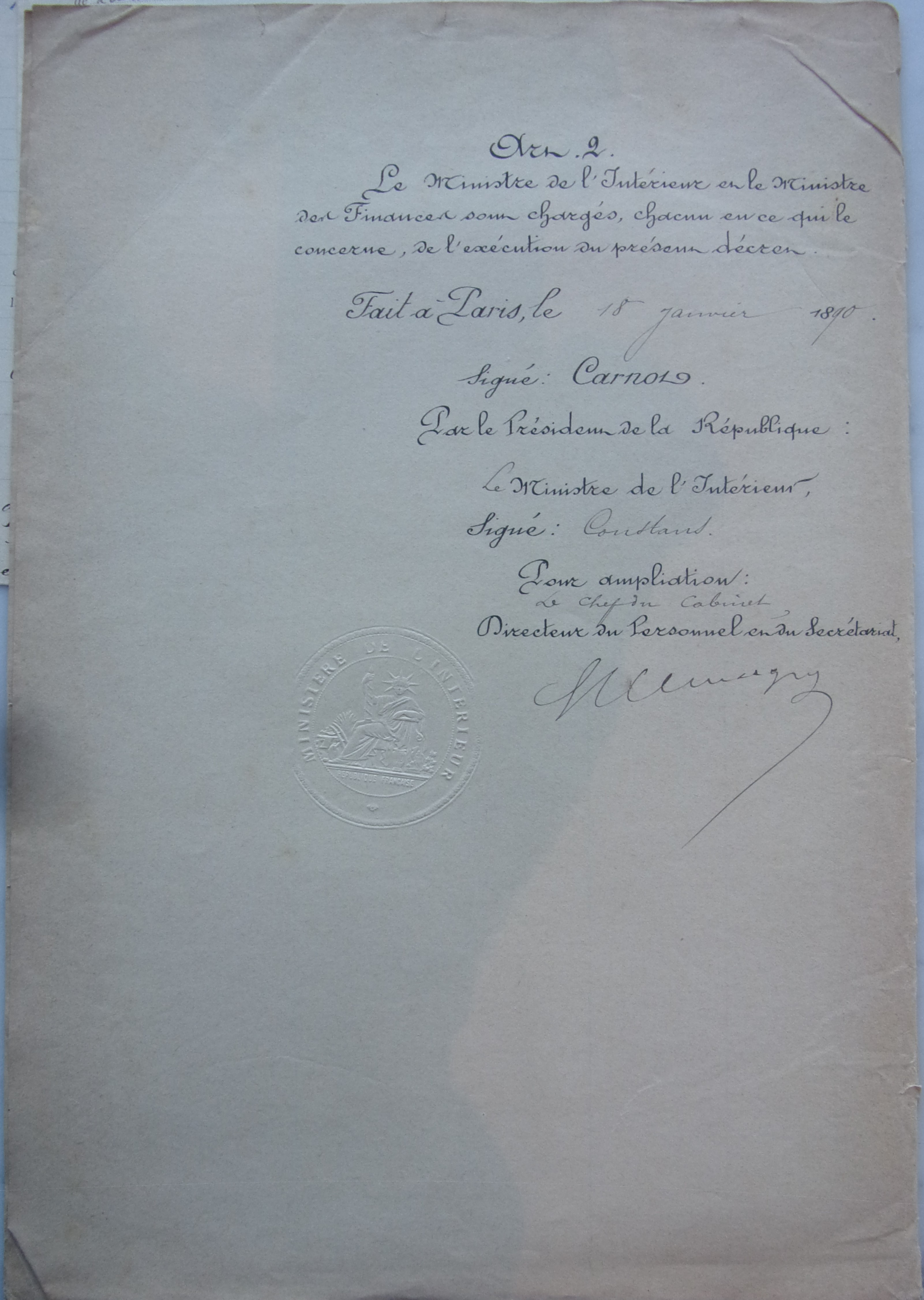 04 janvier 1890 - décret présidentiel autorisant la commune à emprunter pour son procès contre la Dame Fabre p2