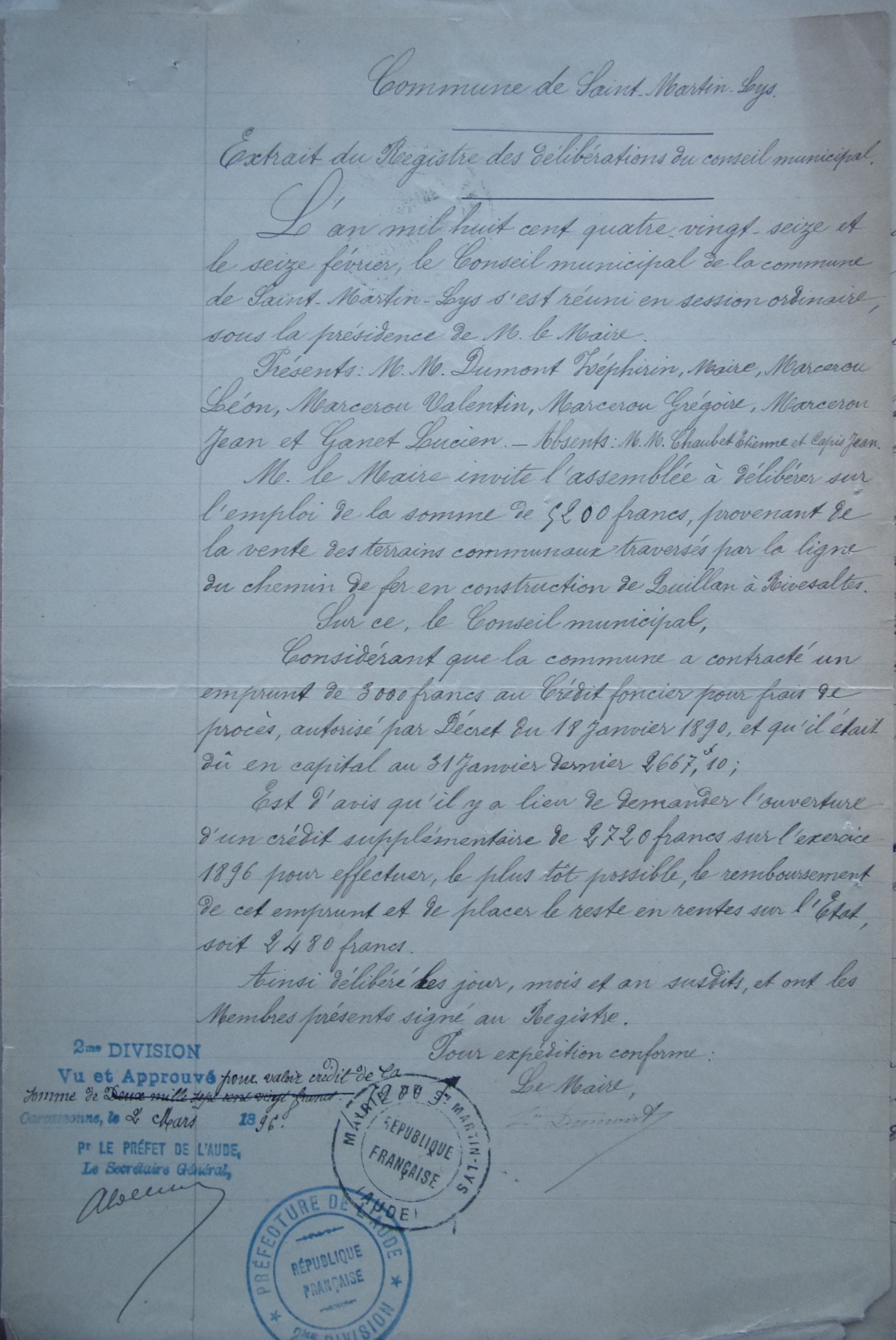 16 février 1896 - Délibération du conseil municipal - Remboursement anticipé de l'emprunt de 3000 francs