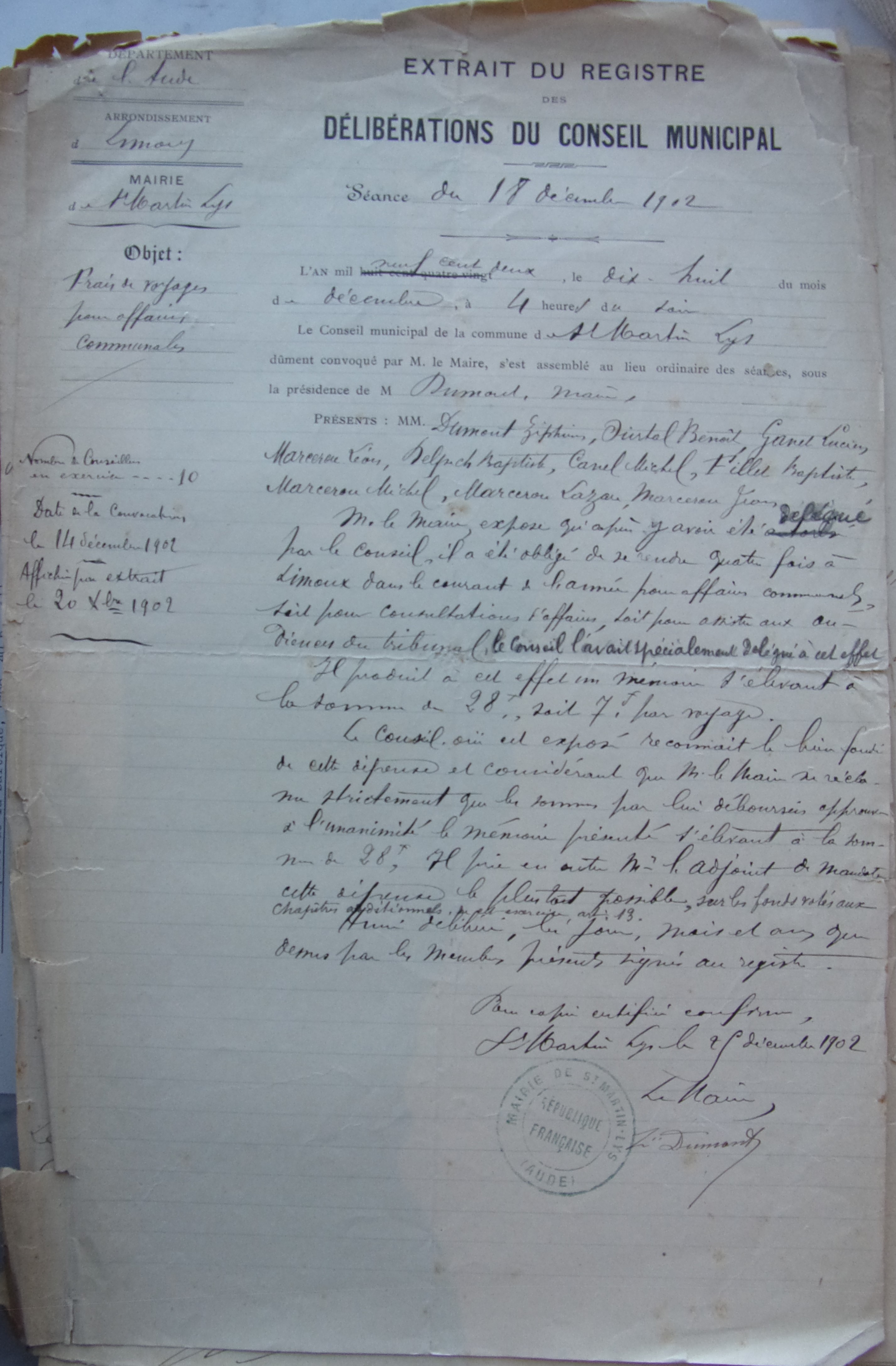 18 octobre 1902 - Délibération du conseil municipal - Frais de voyages du maire pour affaires communales dont procès p1