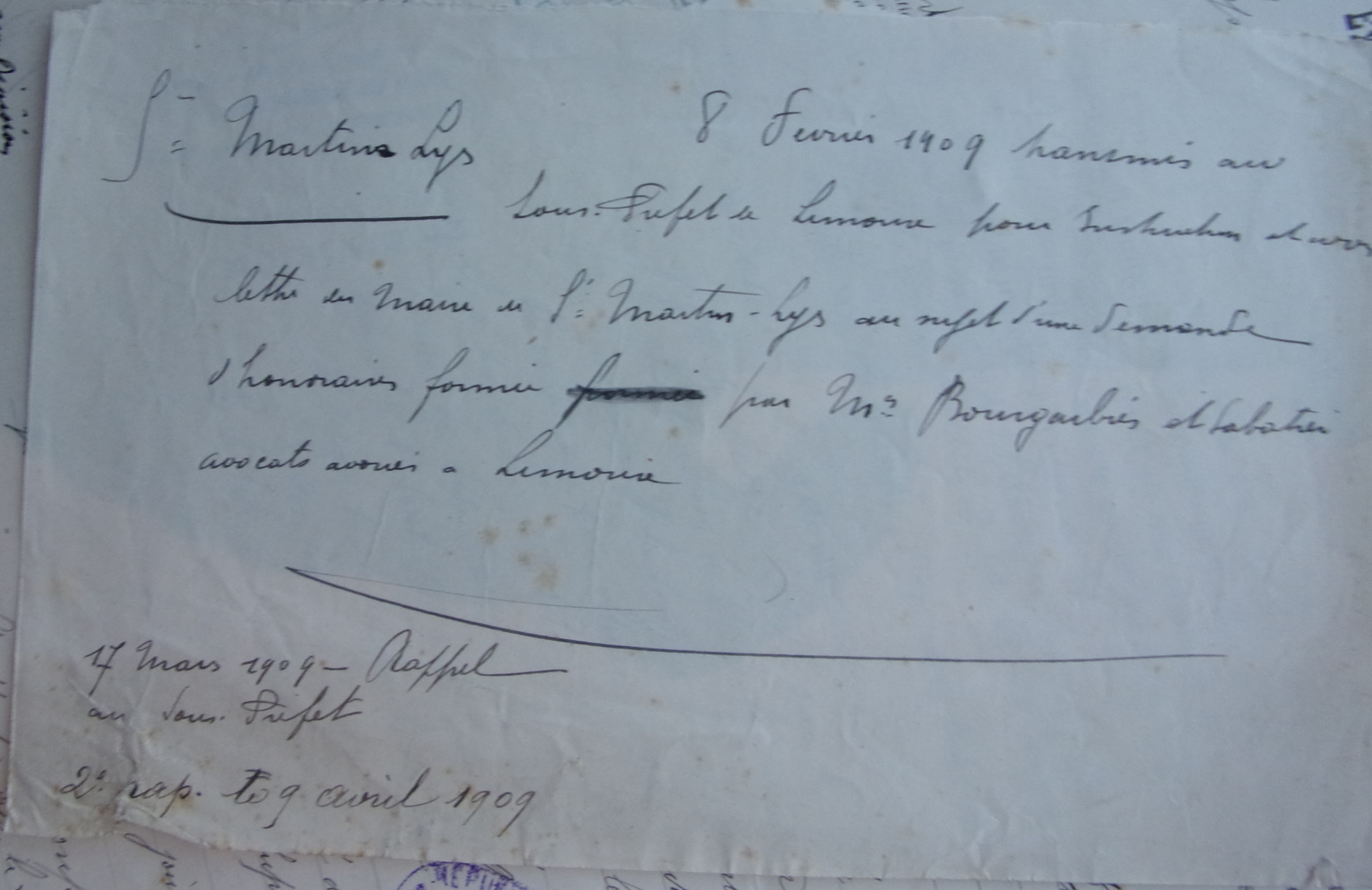 08 février 1909 - Note pour sous-préfet demande des avoués affaire Cailla