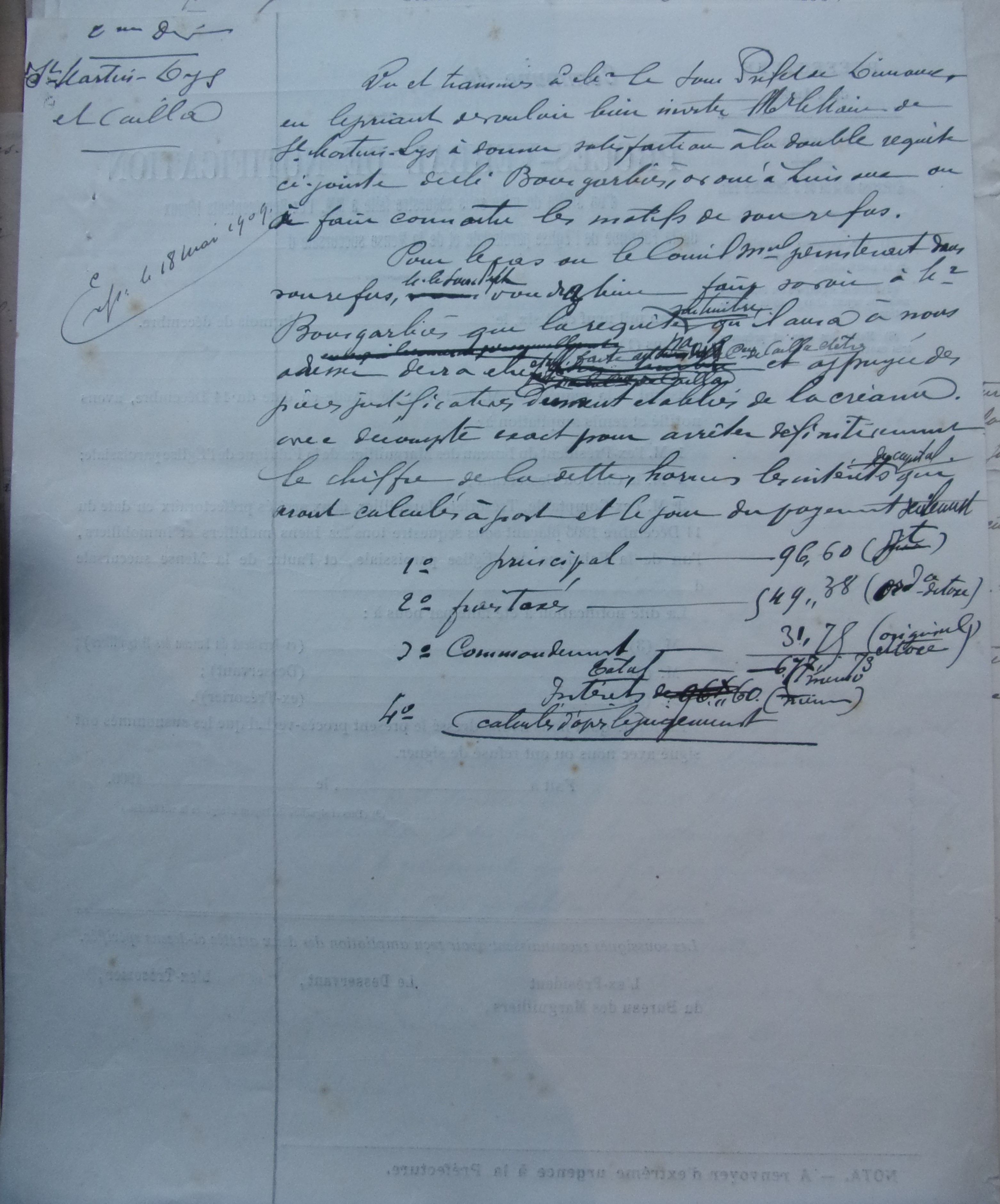 18 mai 1909 - Brouillon de note de la deuxième division de la Sous-Préfecture