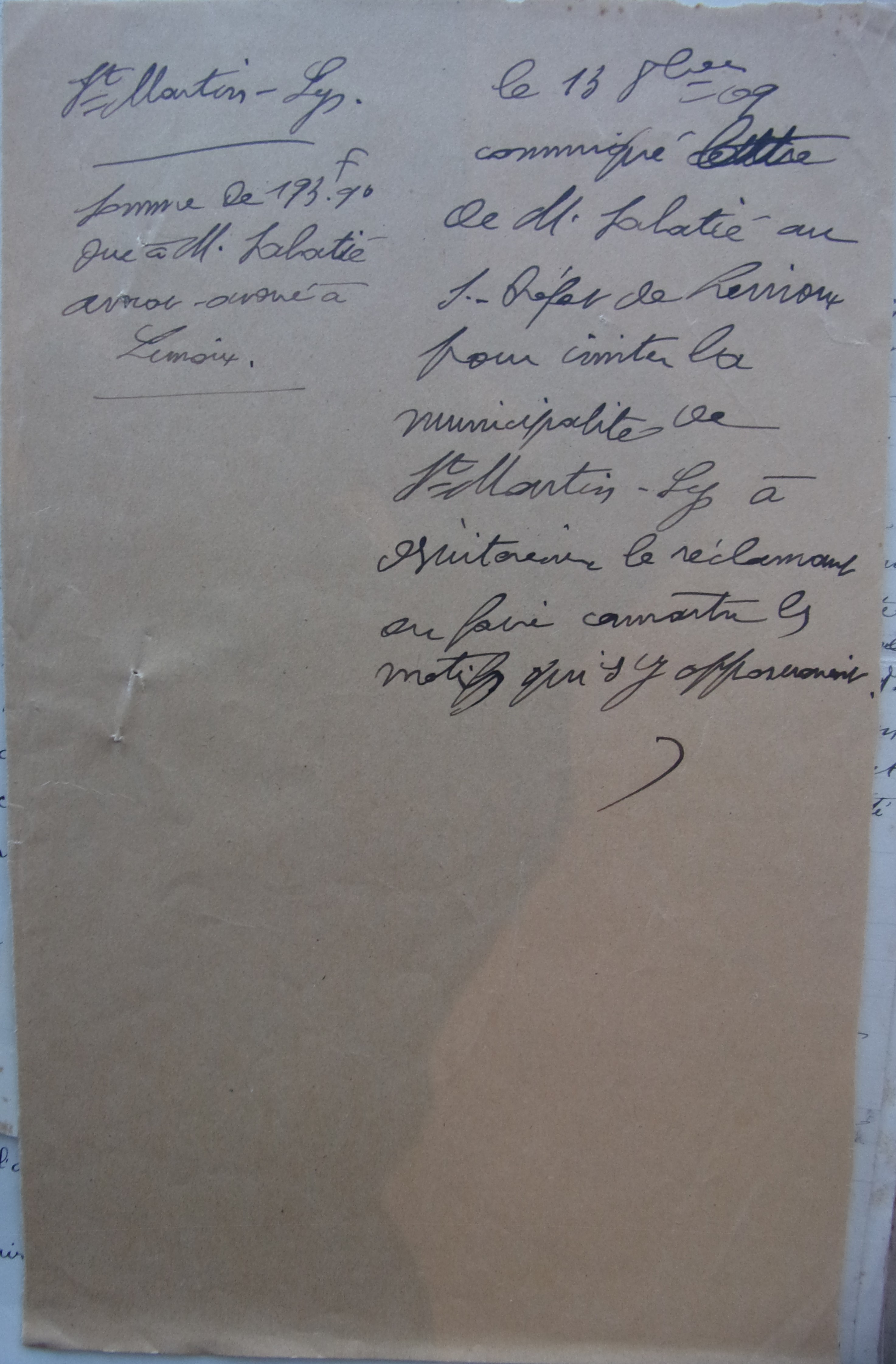 18 mai 1909 - Brouillon de note de la deuxième division de la Sous-Préfecture