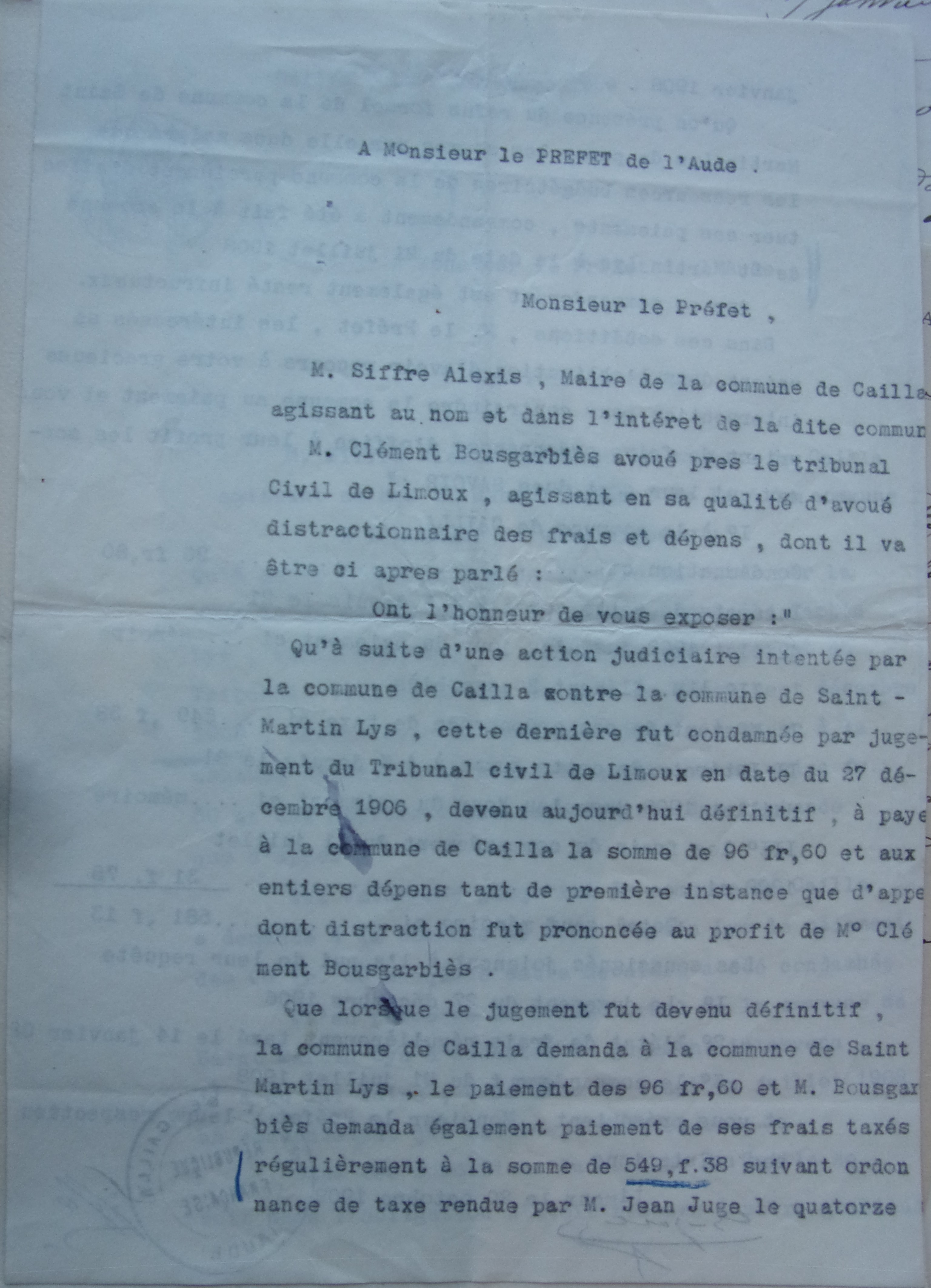 20 octobre 1909 - Courrier du maire de Cailla au Préfet demandant le paiement de la condamnation p1