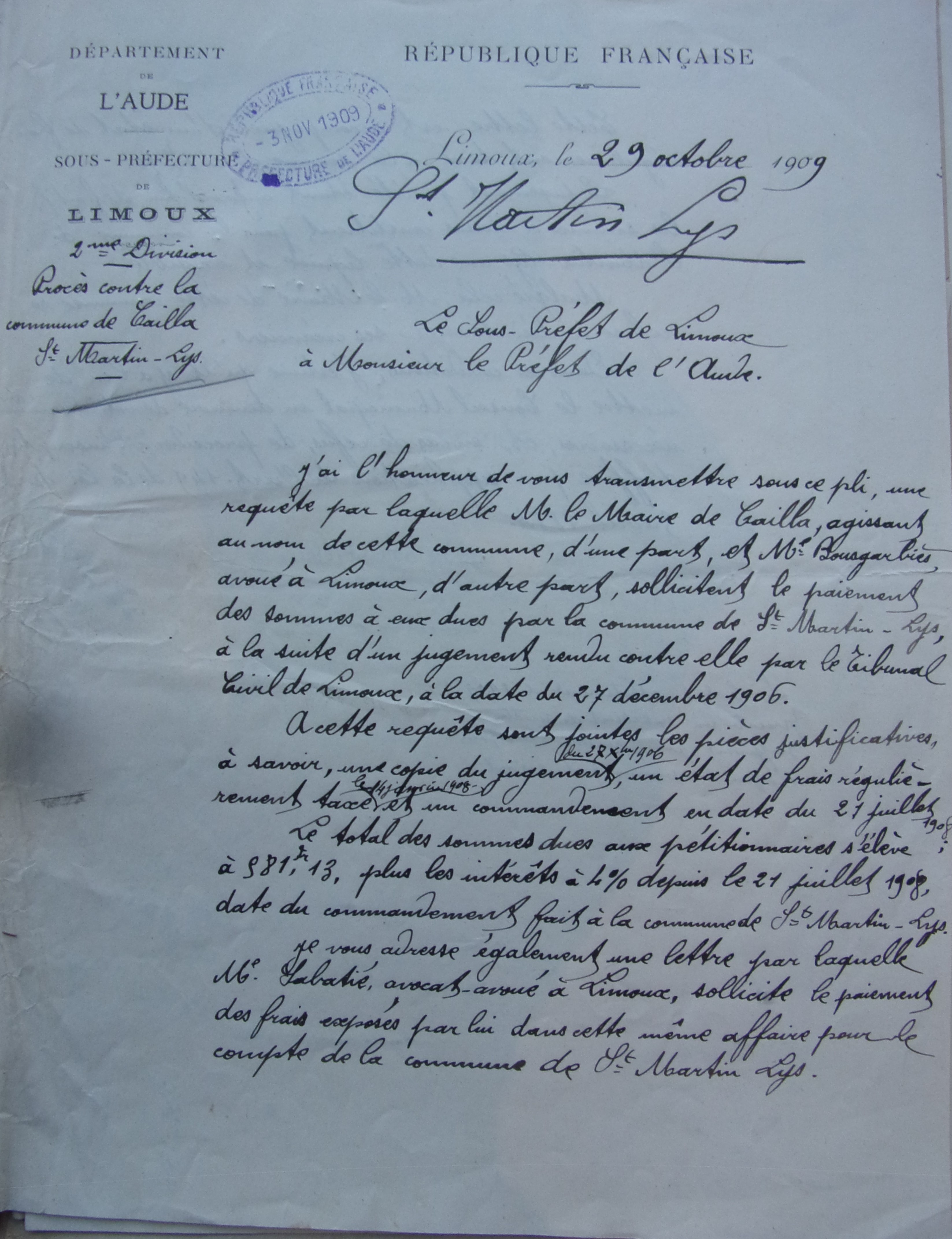 29 octobre 1909 - Courrier du sous-préfet au préfet par rapport au procès p1