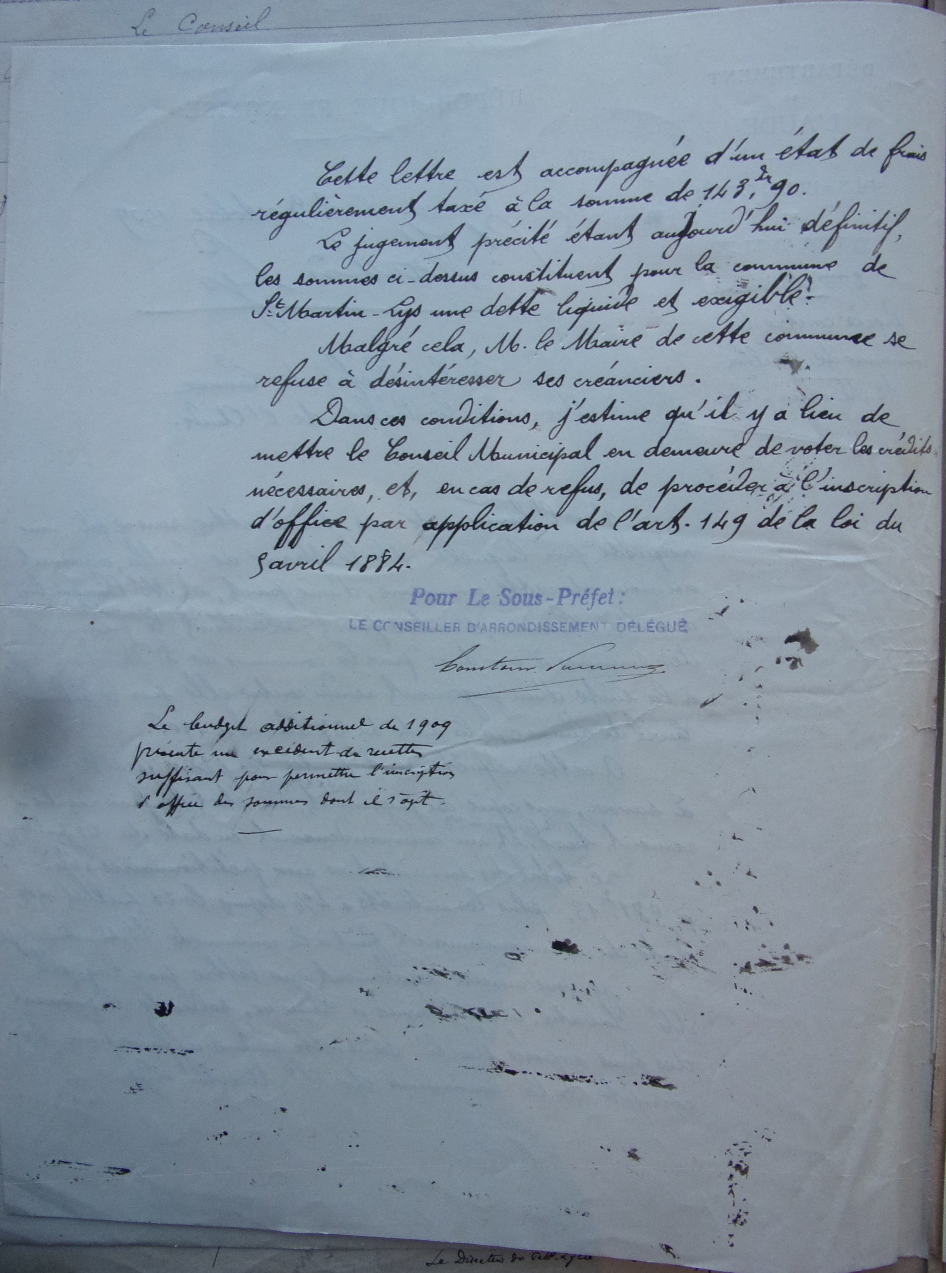 29 octobre 1909 - Courrier du sous-préfet au préfet par rapport au procès p2