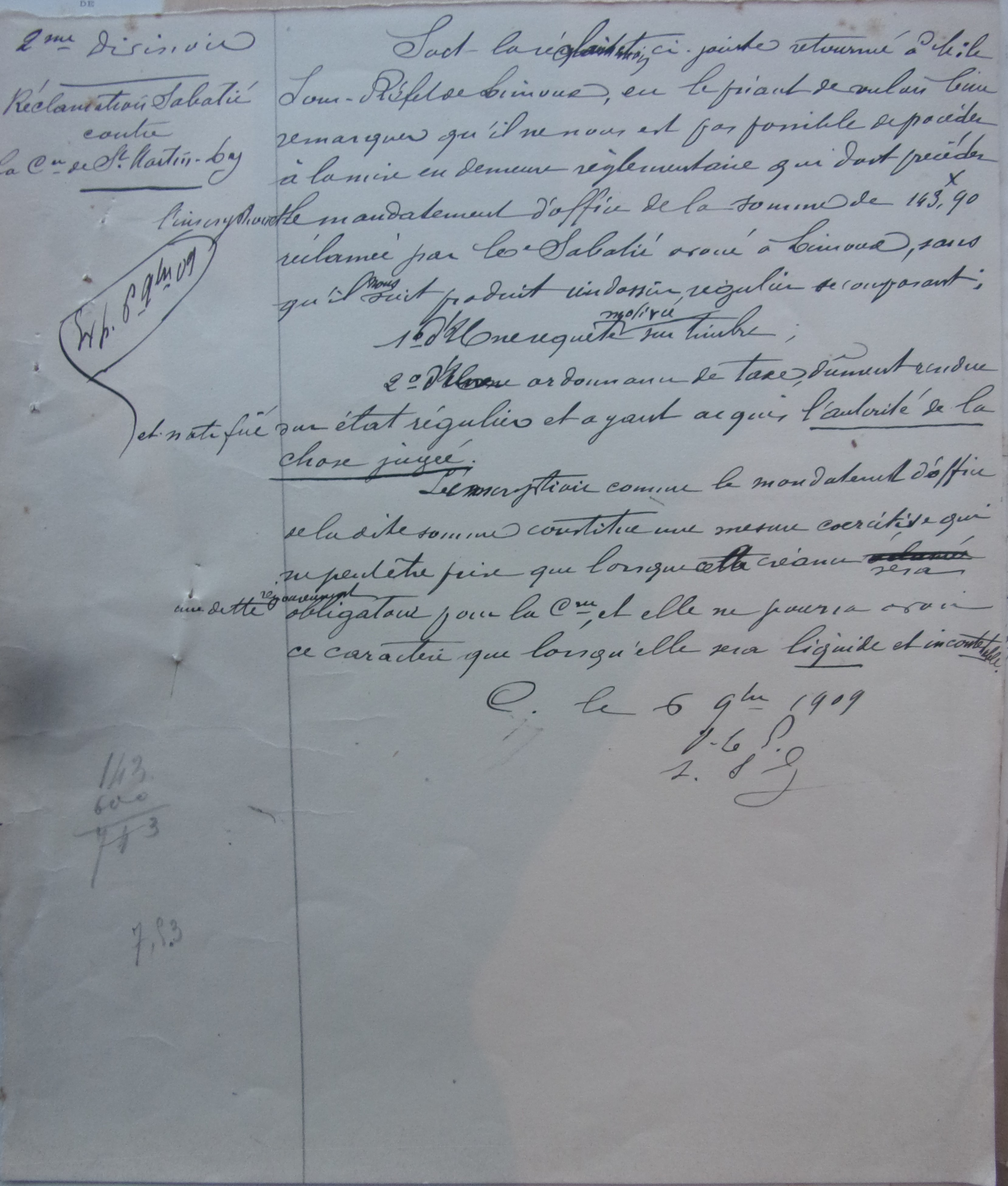 18 mai 1909 - Brouillon de note de la deuxième division de la Sous-Préfecture