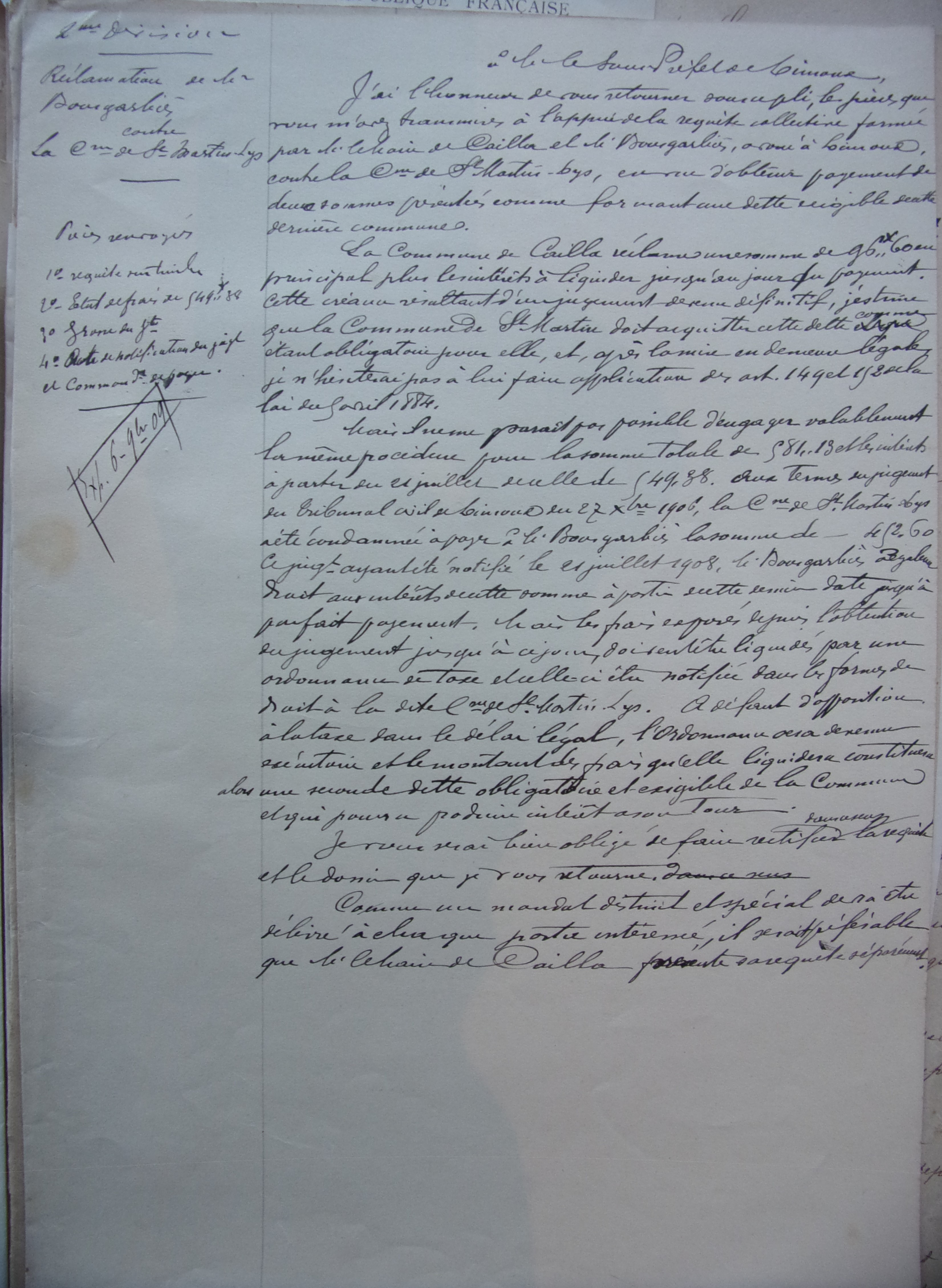 06 novembre 1909 - Brouillon du Courrier du Préfet au Sous-Préfet réclamation de Bousgarbies pour le paiement de la condamnation