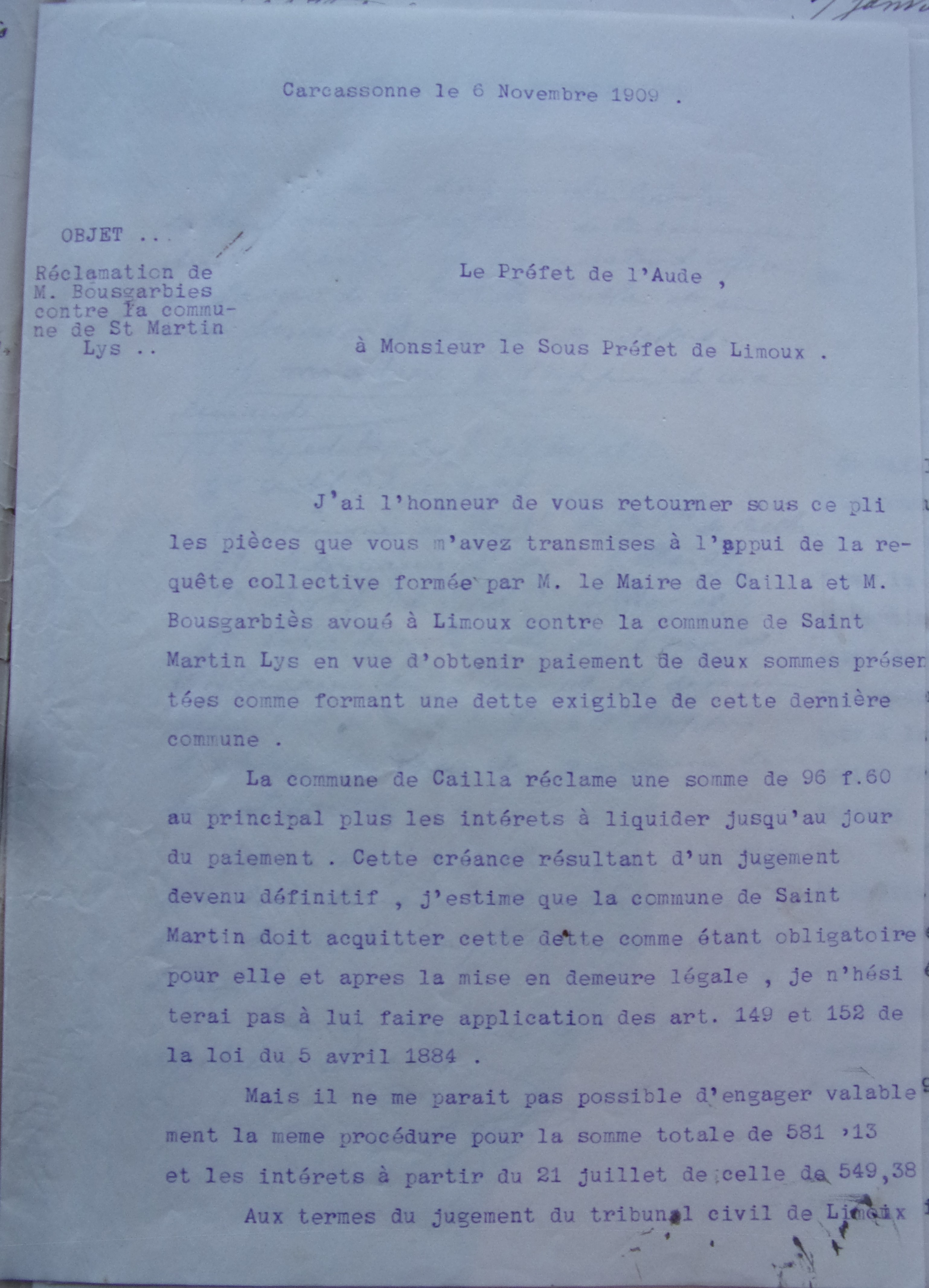 06 novembre 1909 - Courrier du Préfet au Sous-Préfet réclamation de Bousgarbies pour le paiement de la condamnation p1