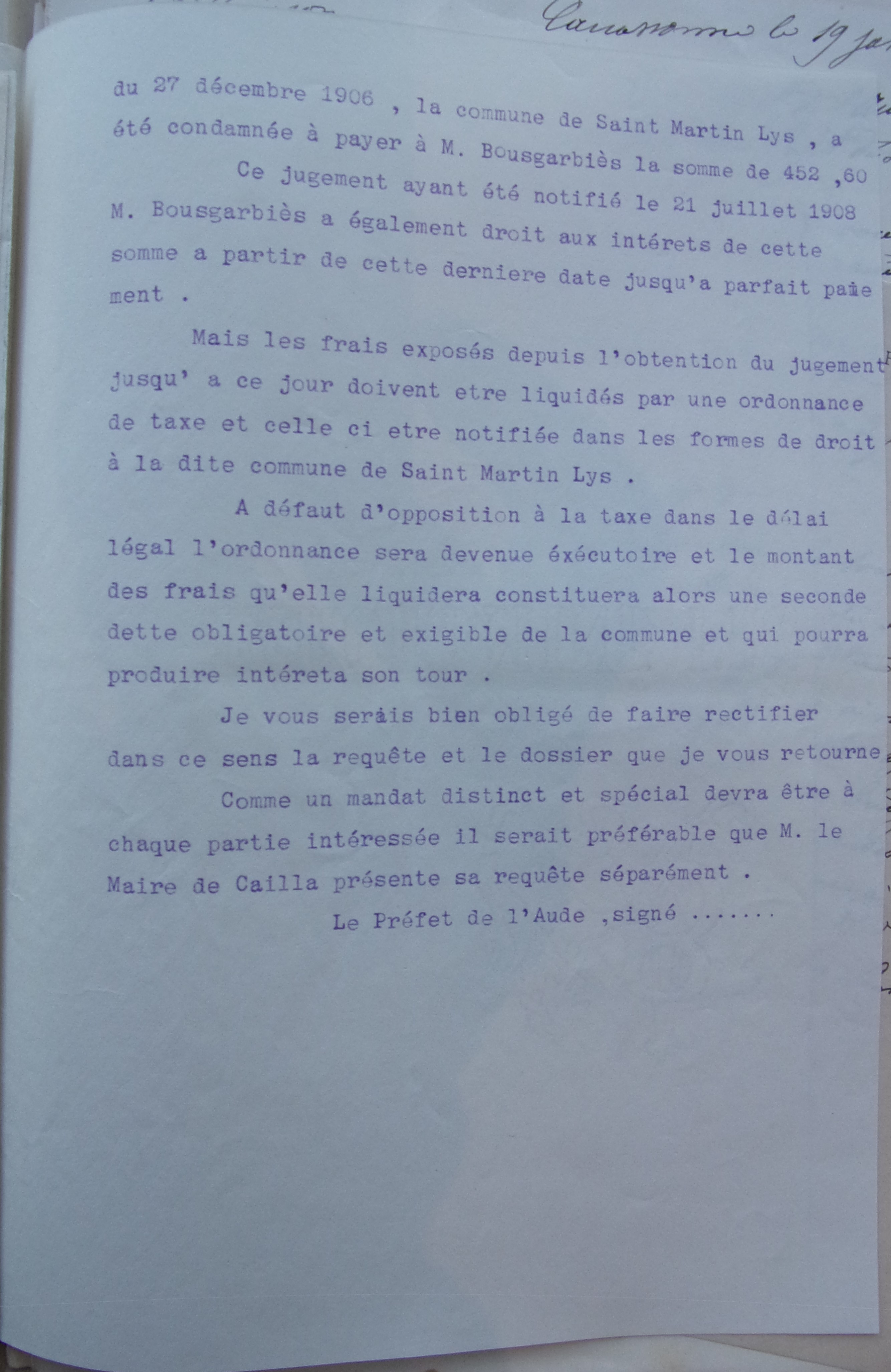 06 novembre 1909 - Courrier du Préfet au Sous-Préfet réclamation de Bousgarbies pour le paiement de la condamnation p2