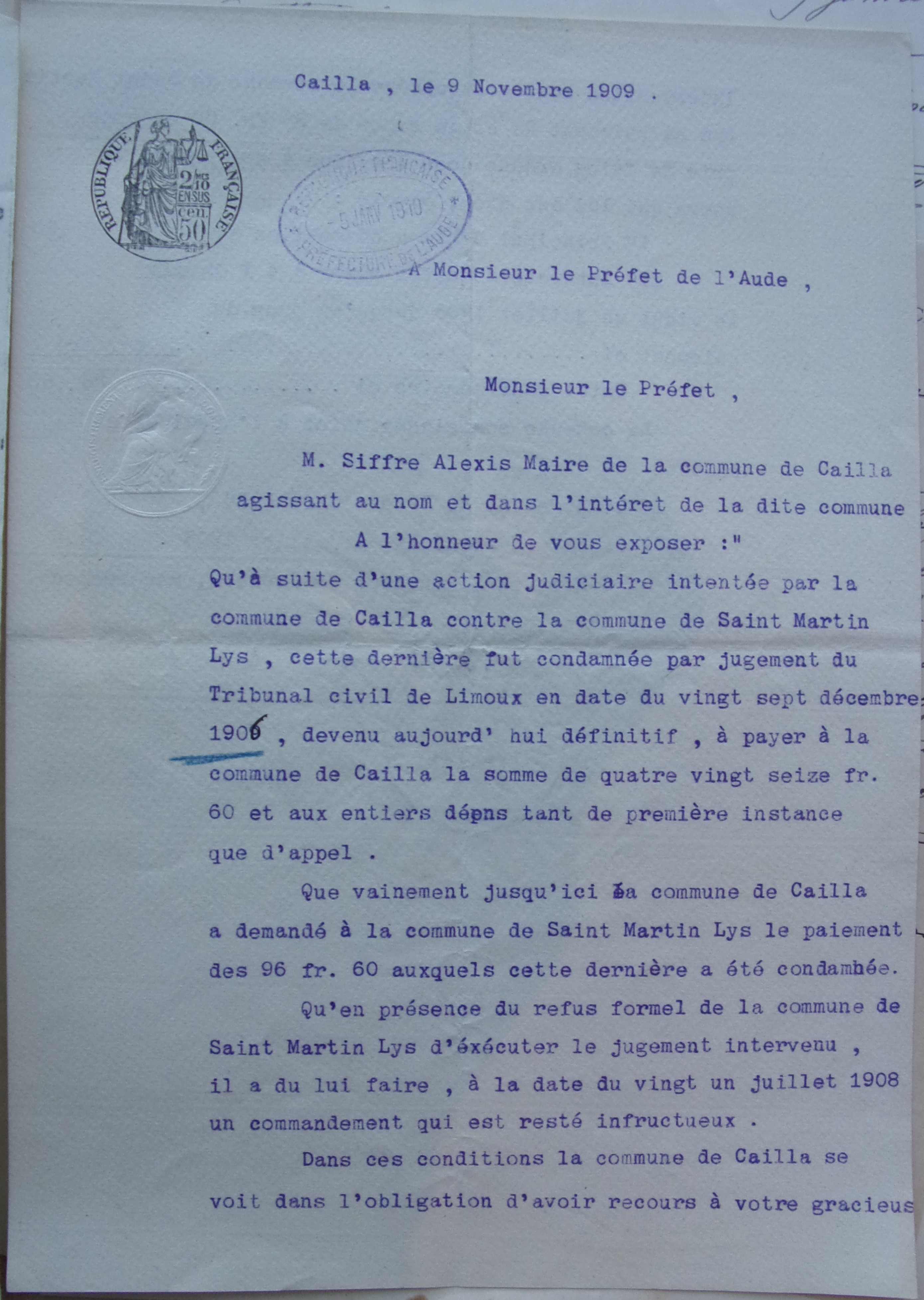 09 novembre 1909 - Courrier du  Maire de Cailla au Préfet demandant le paiement de la condamnation p1