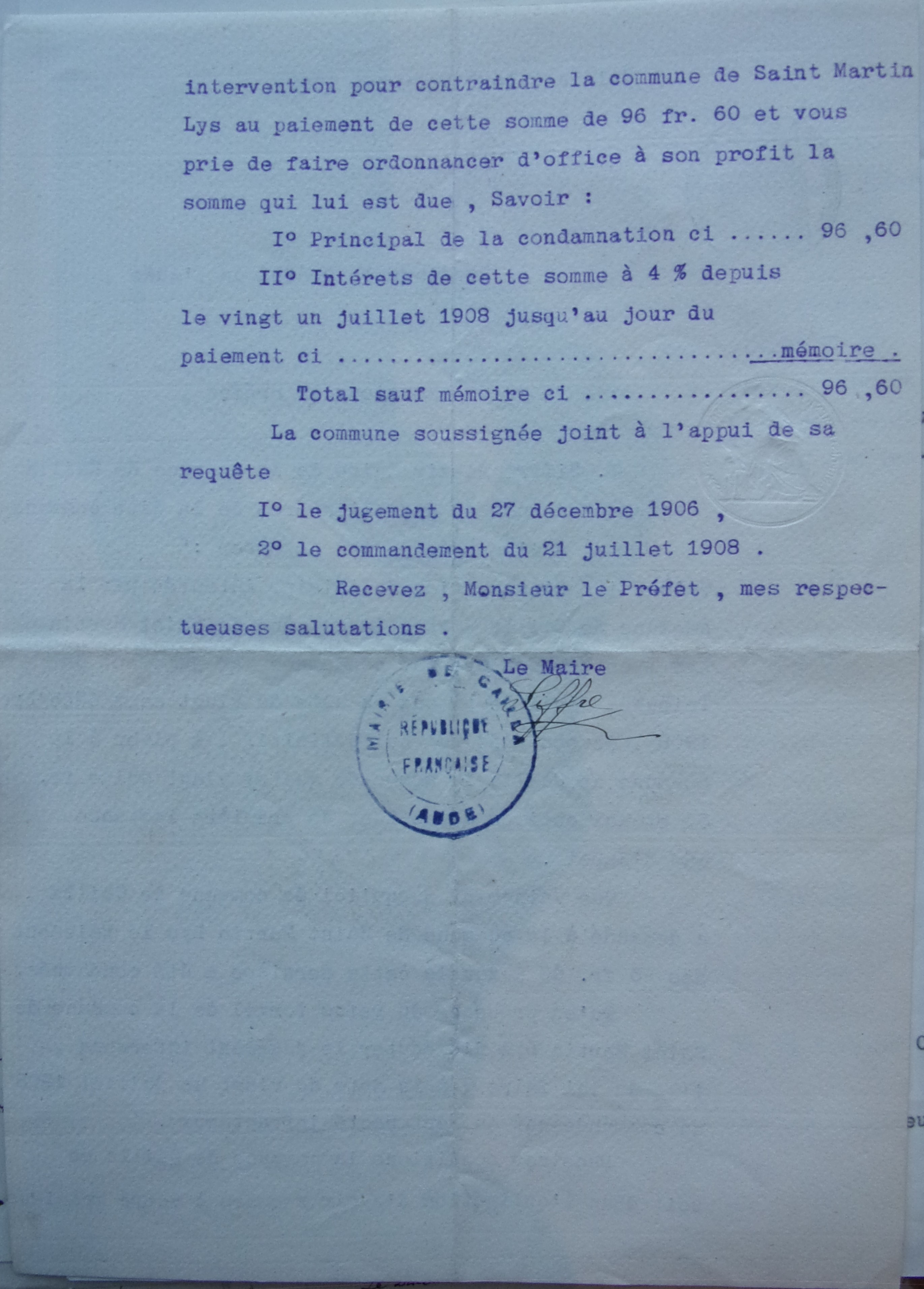 09 novembre 1909 - Courrier du  Maire de Cailla au Préfet demandant le paiement de la condamnation p2