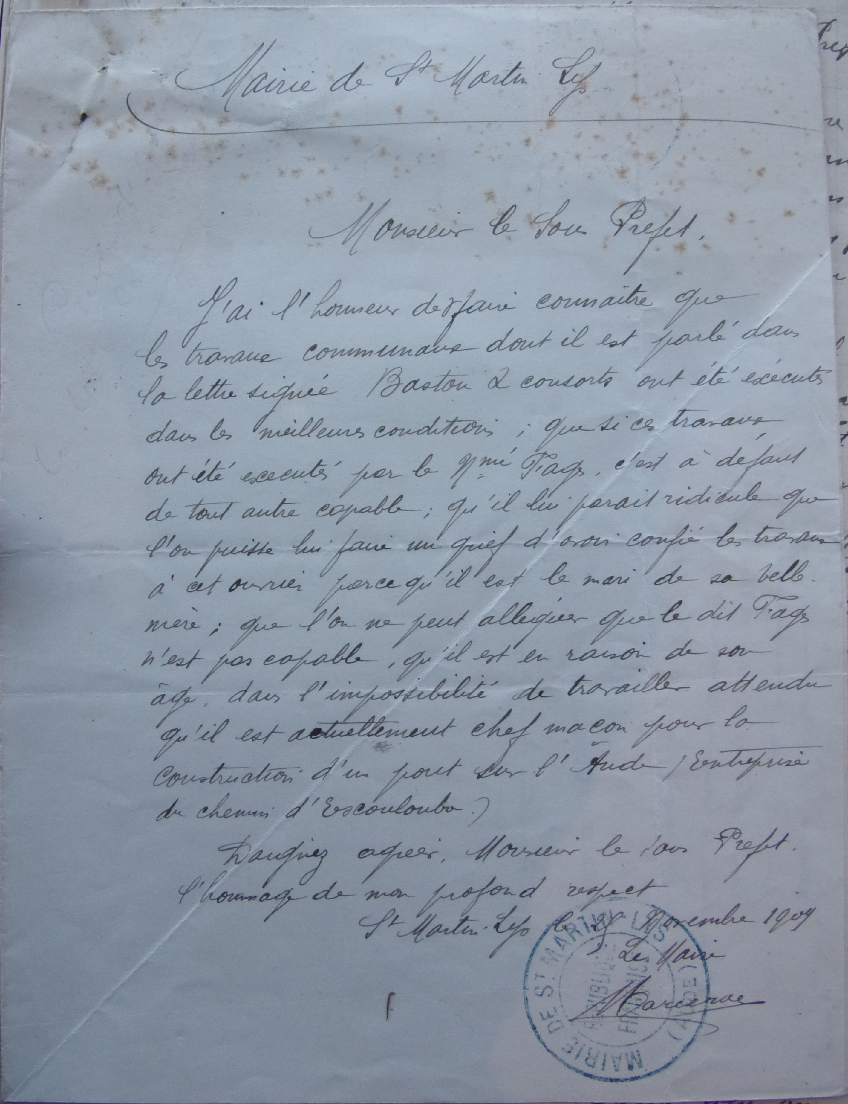 25 novembre 1909 - Réponse du maire par rapport à ces accusations p1