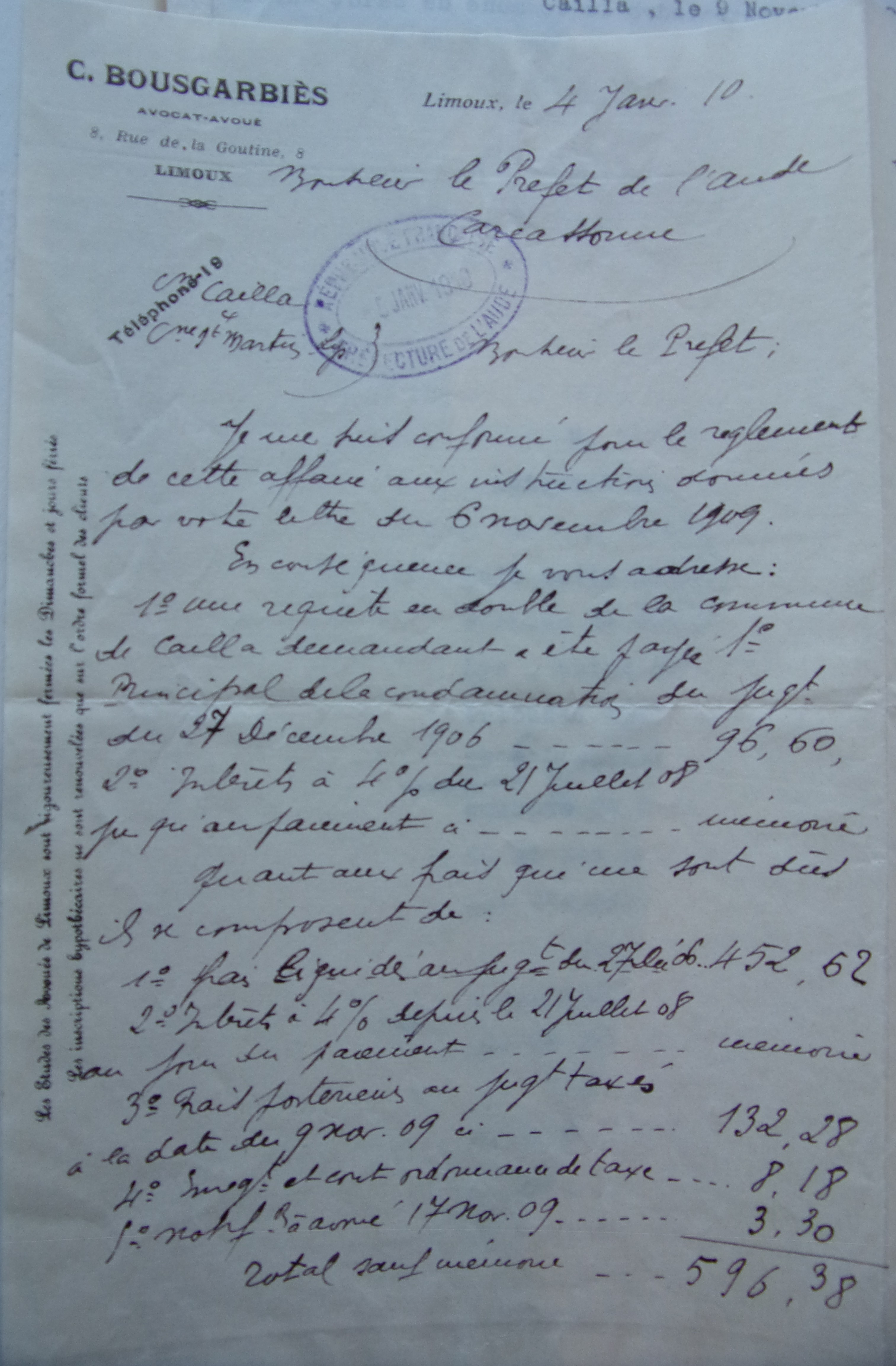 04 janvier 1910 - Courrier de l'avoué de Cailla au Préfet demandant le paiement de la condamnation p1