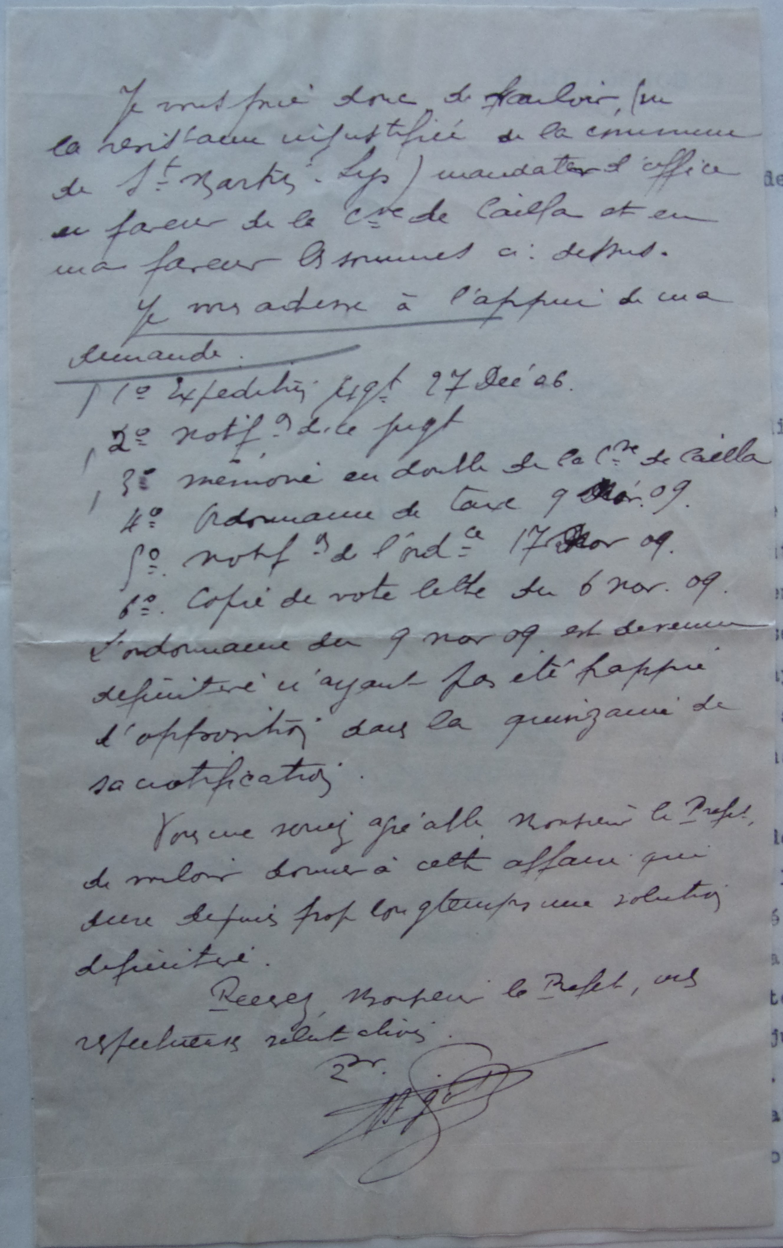 04 janvier 1910 - Courrier de l'avoué de Cailla au Préfet demandant le paiement de la condamnation p2