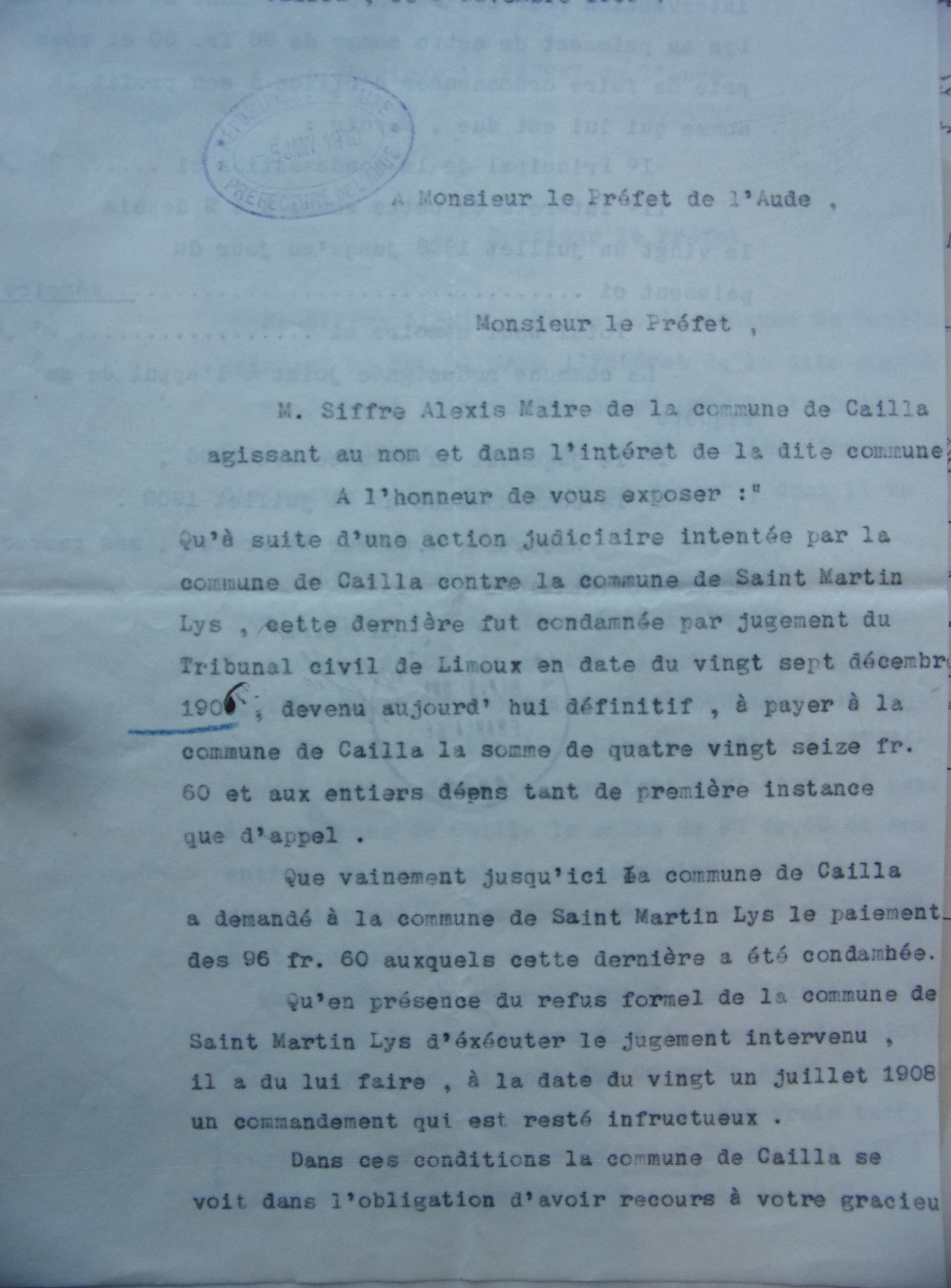 05 janvier 1910 - Courrier du maire de Cailla au Préfet demandant le paiement de la condamnation p1