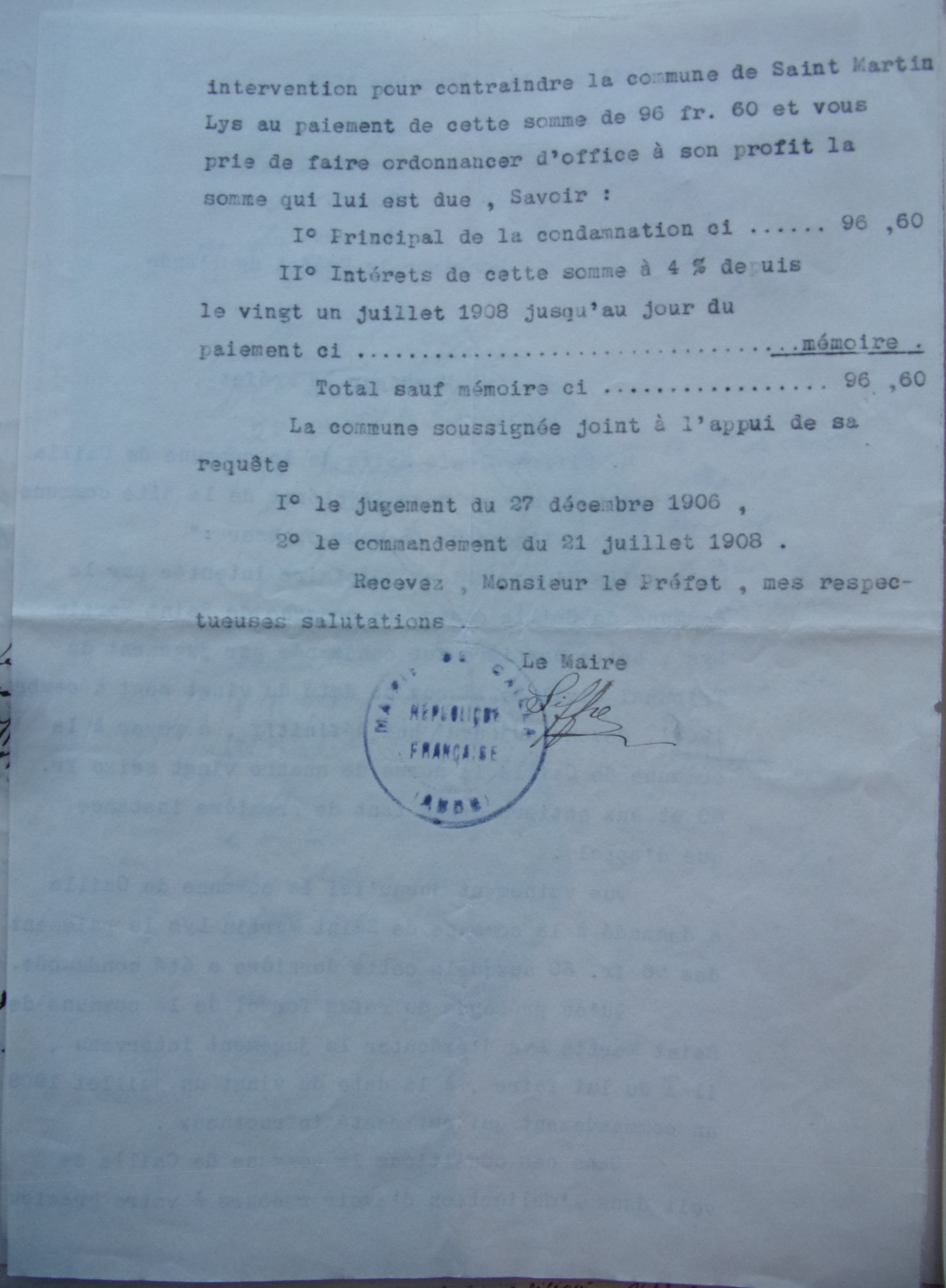 05 janvier 1910 - Courrier du maire de Cailla au Préfet demandant le paiement de la condamnation p2