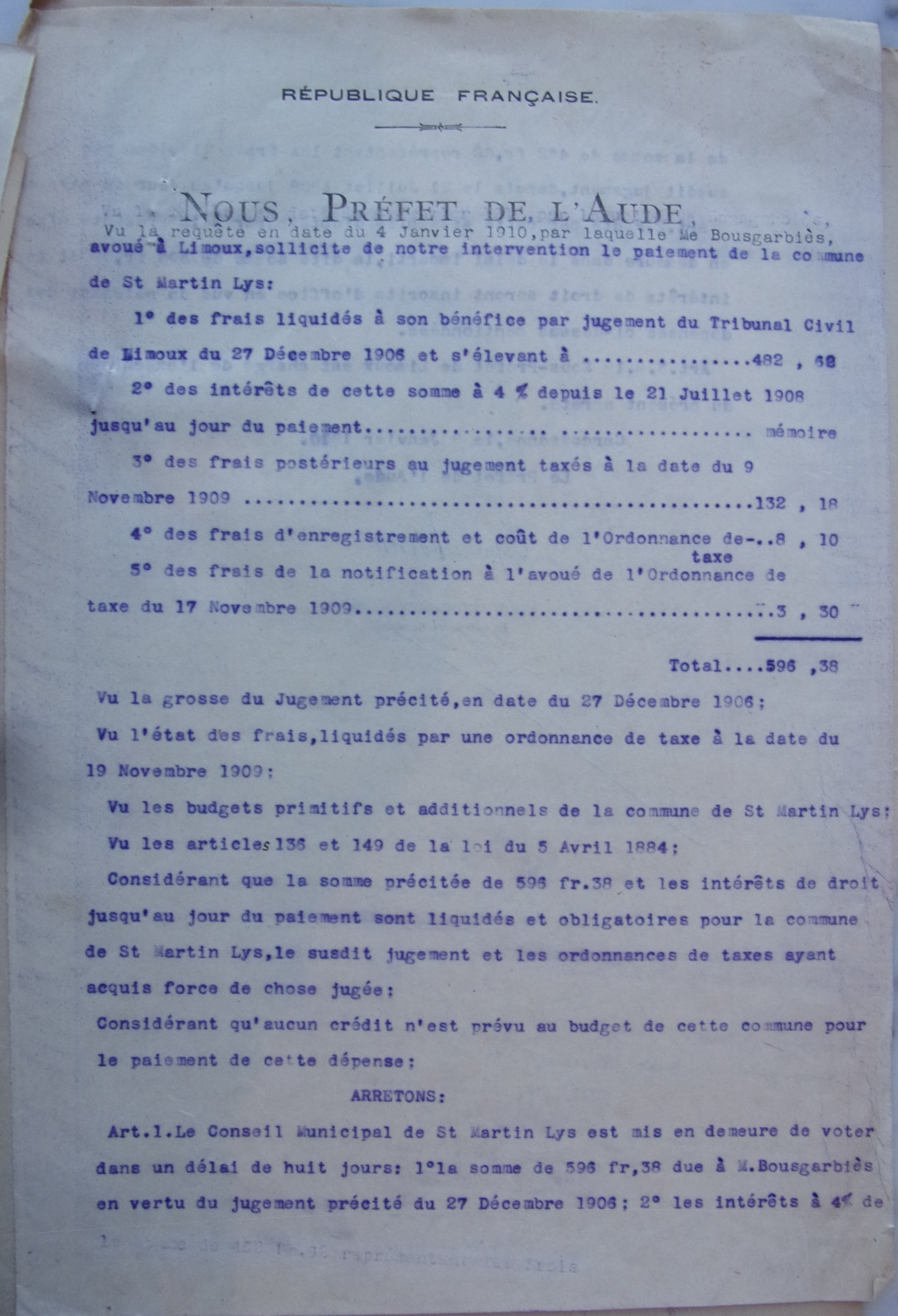 08 janvier 1910 - Arrété prefectoral demandant à Saint Martin de Payer l'avoué Bousgarbiès de la condamnation p1