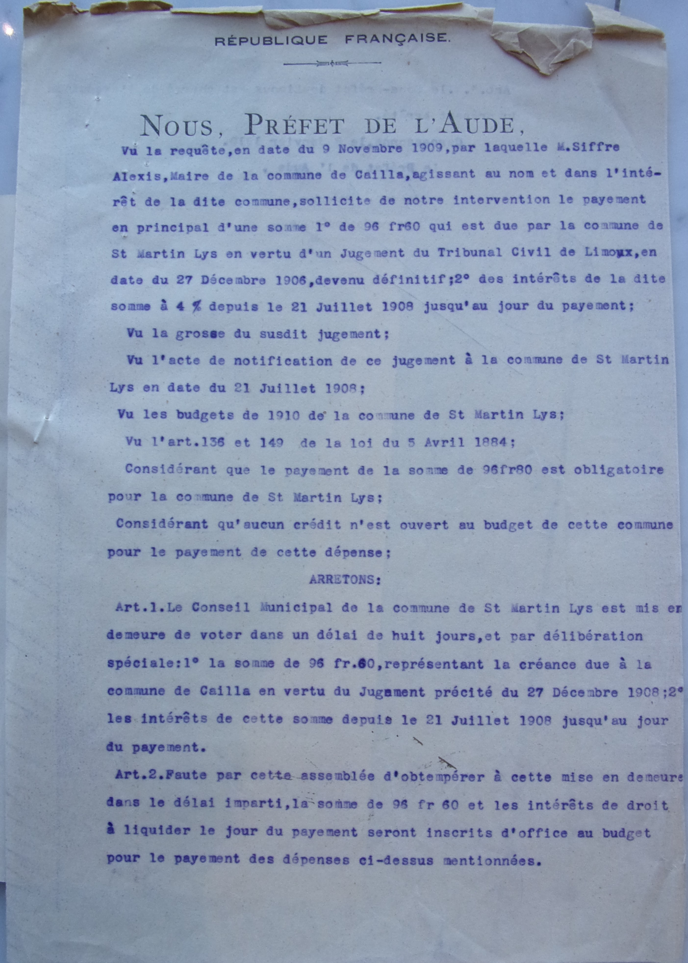 08 janvier 1910 - Arrété prefectoral demandant à Saint Martin de Payer la commune de Cailla de la condamnation p1