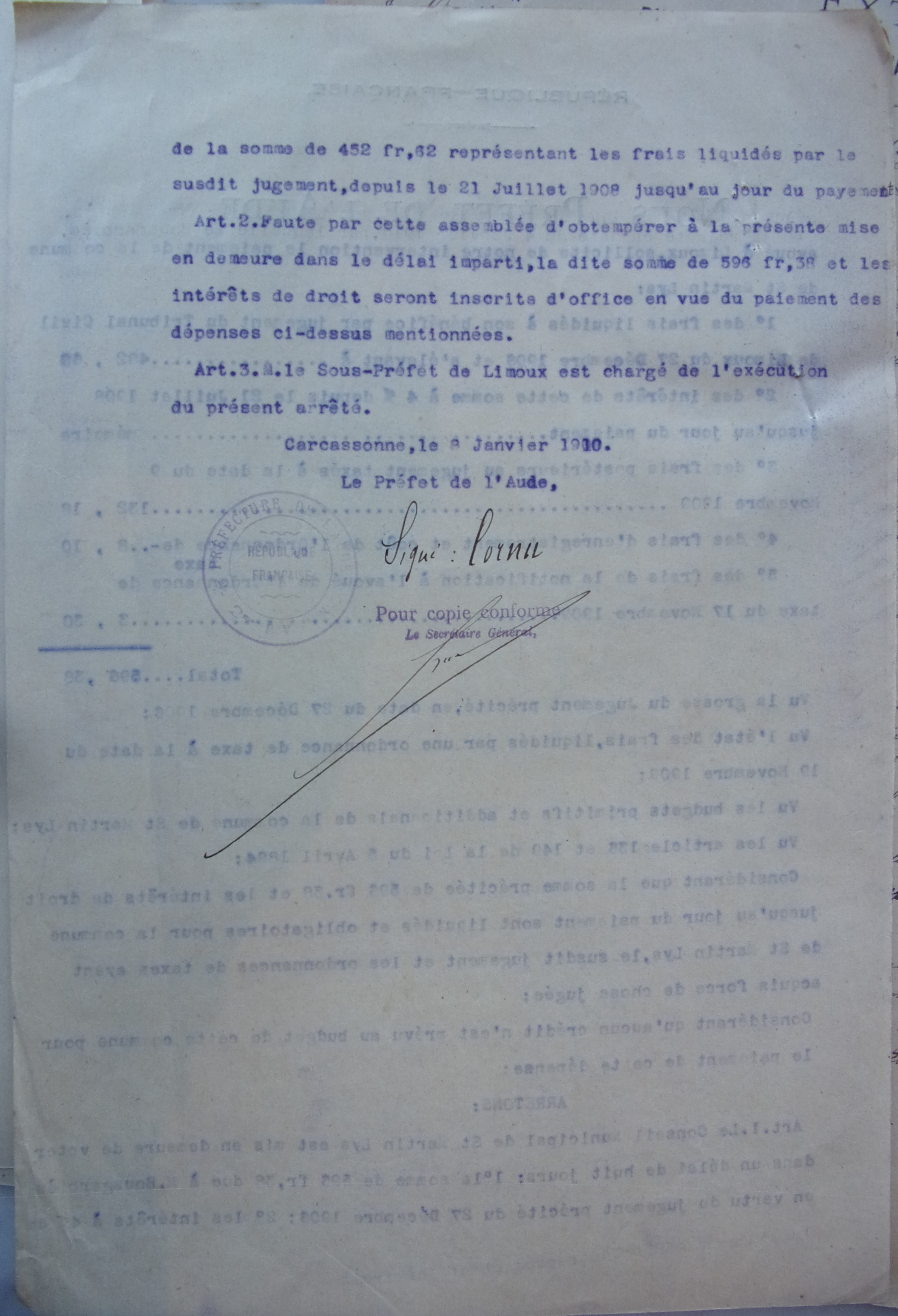 08 janvier 1910 - Arrété prefectoral demandant à Saint Martin de Payer l'avoué Bousgarbiès de la condamnation p2