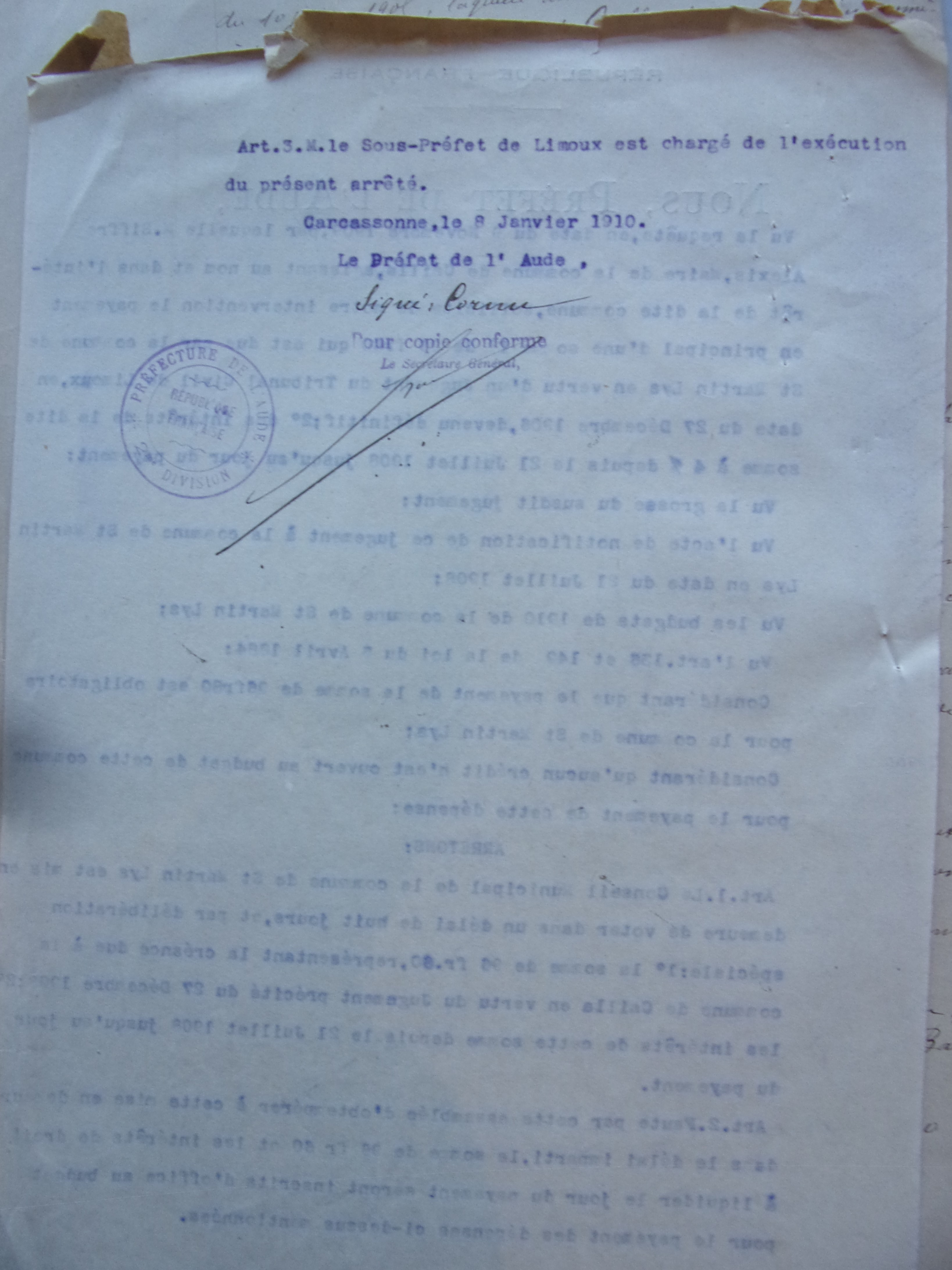 08 janvier 1910 - Arrété prefectoral demandant à Saint Martin de Payer la commune de Cailla de la condamnation p2