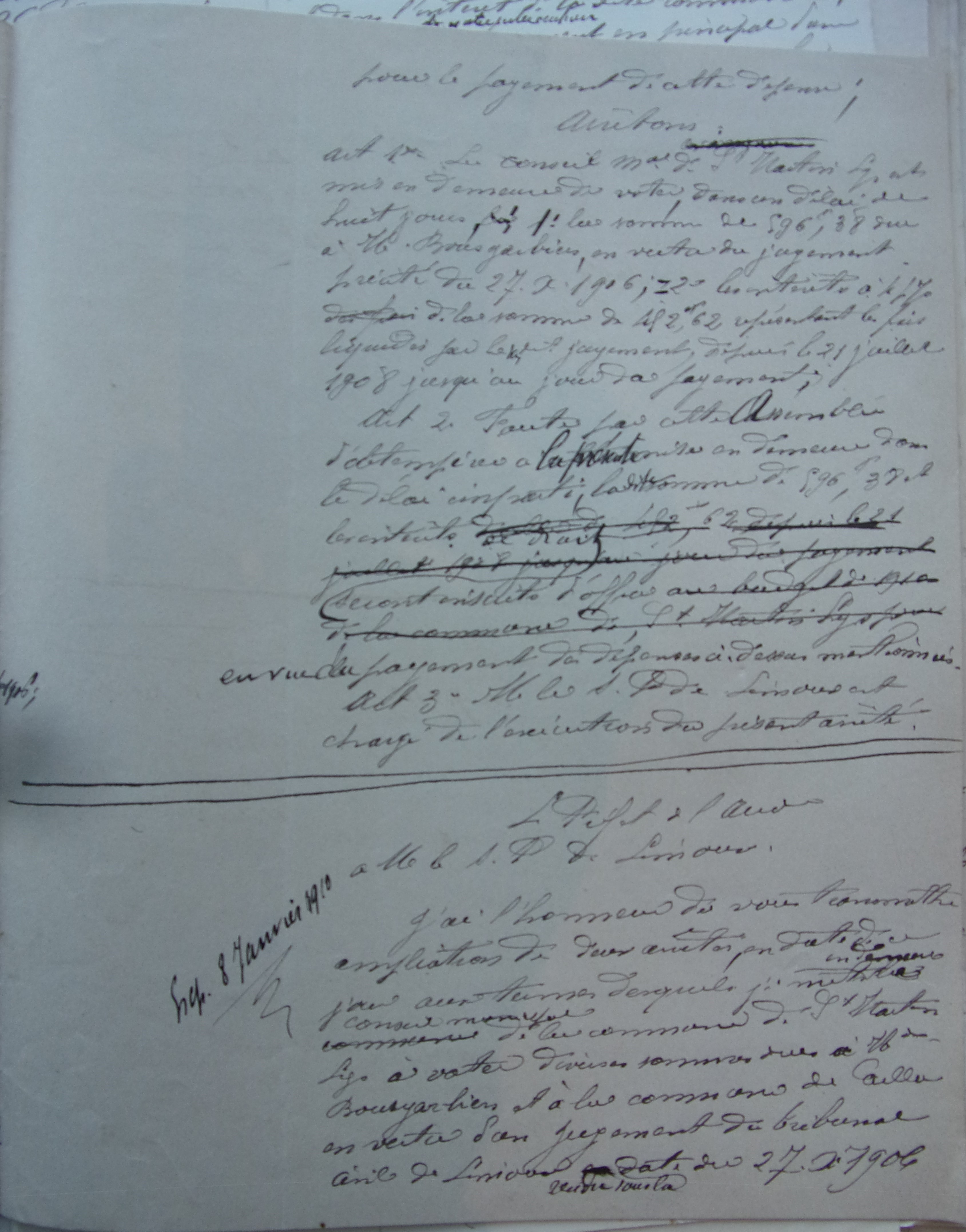 08 janvier 1910 - Brouillon de l'Arrété prefectoral demandant à Saint Martin de Payer l'avoué Bousgarbiès de la condamnation p2