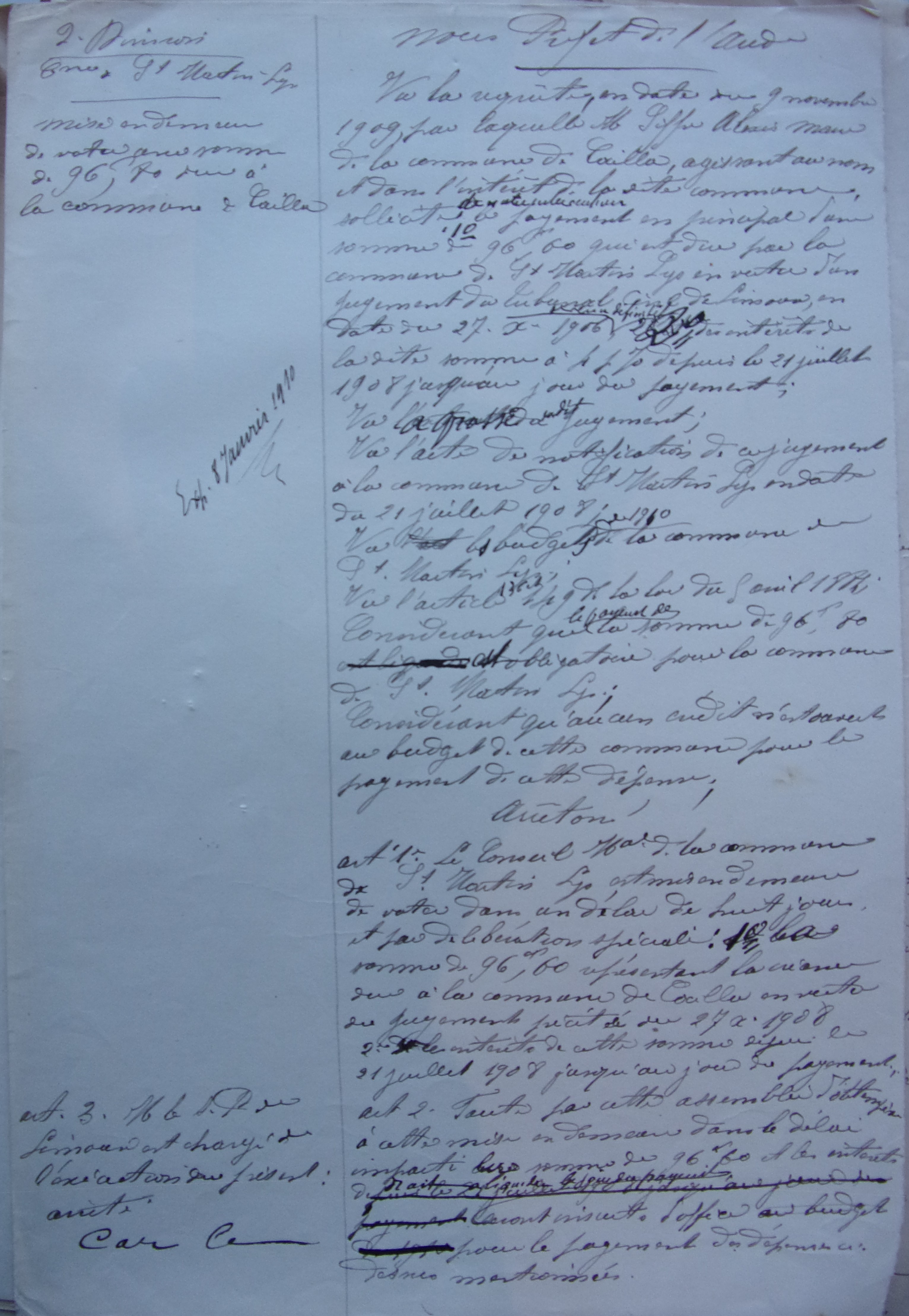 08 janvier 1910 - Brouillon de l'Arrété prefectoral demandant à Saint Martin de Payer la commune de Cailla de la condamnation