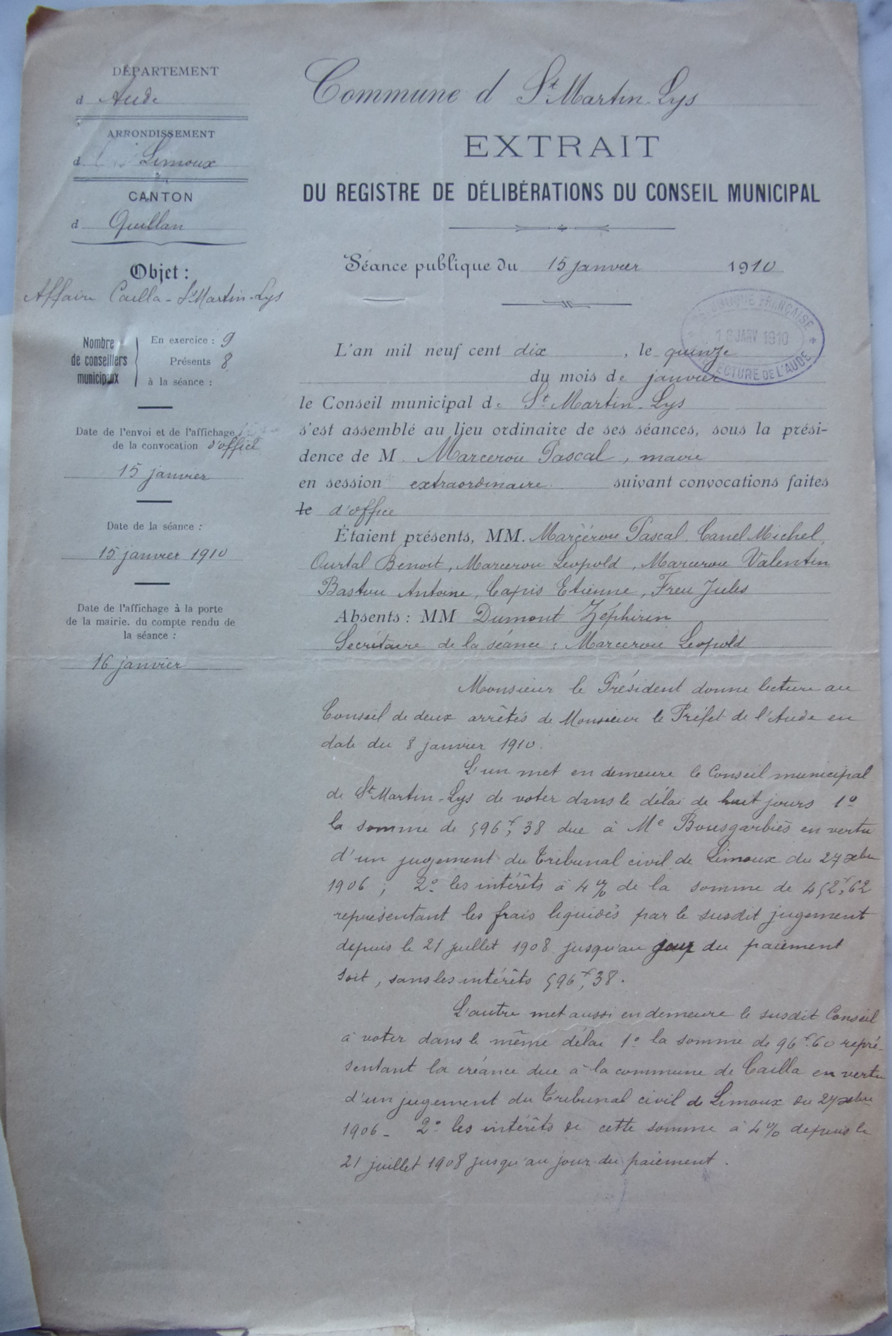 15 janvier 1910 - Délibération du conseil municipal -  Affaire Cailla - St Martin Lys p1 double