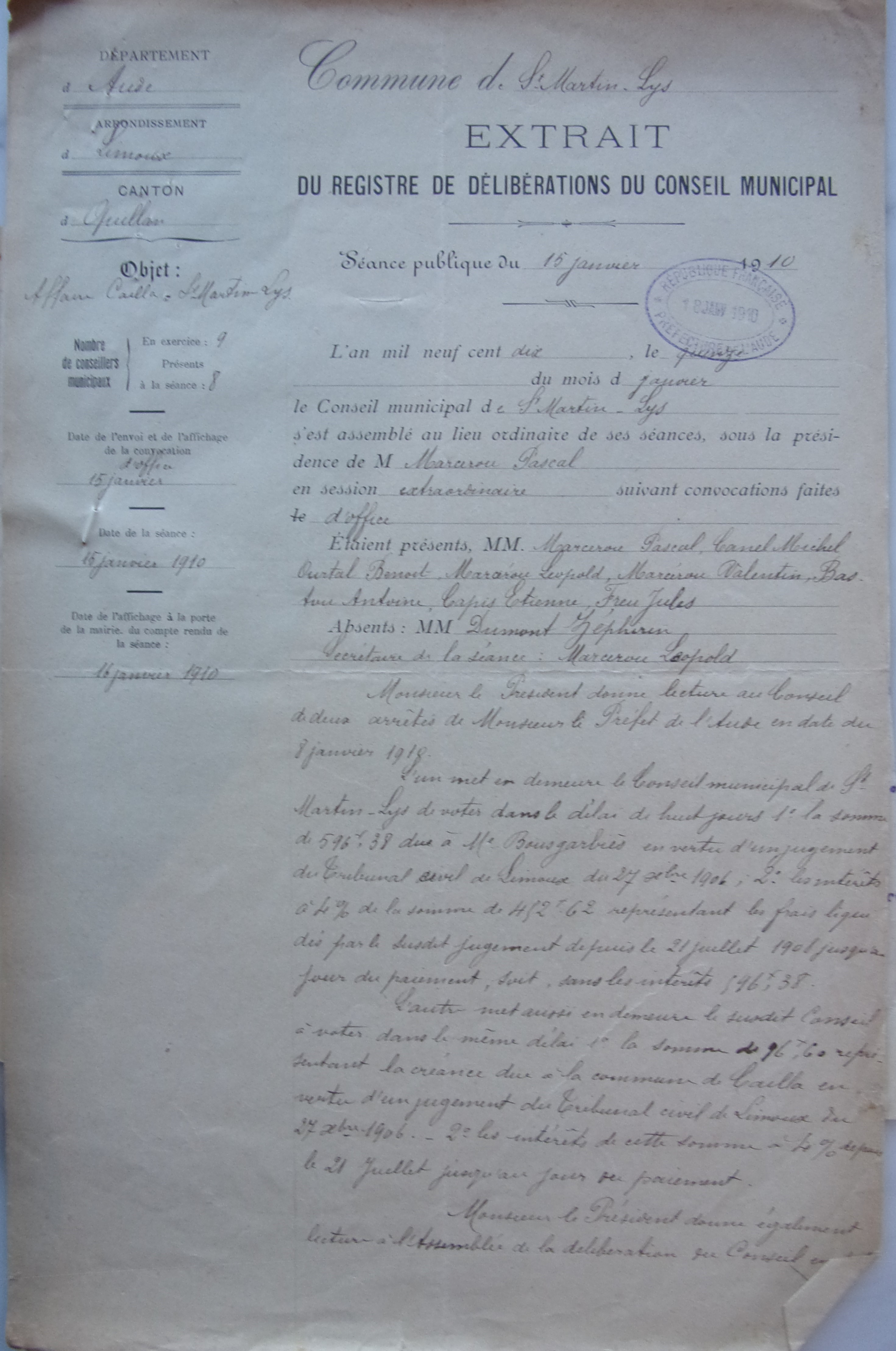 15 janvier 1910 - Délibération du conseil municipal -  Affaire Cailla - St Martin Lys p1