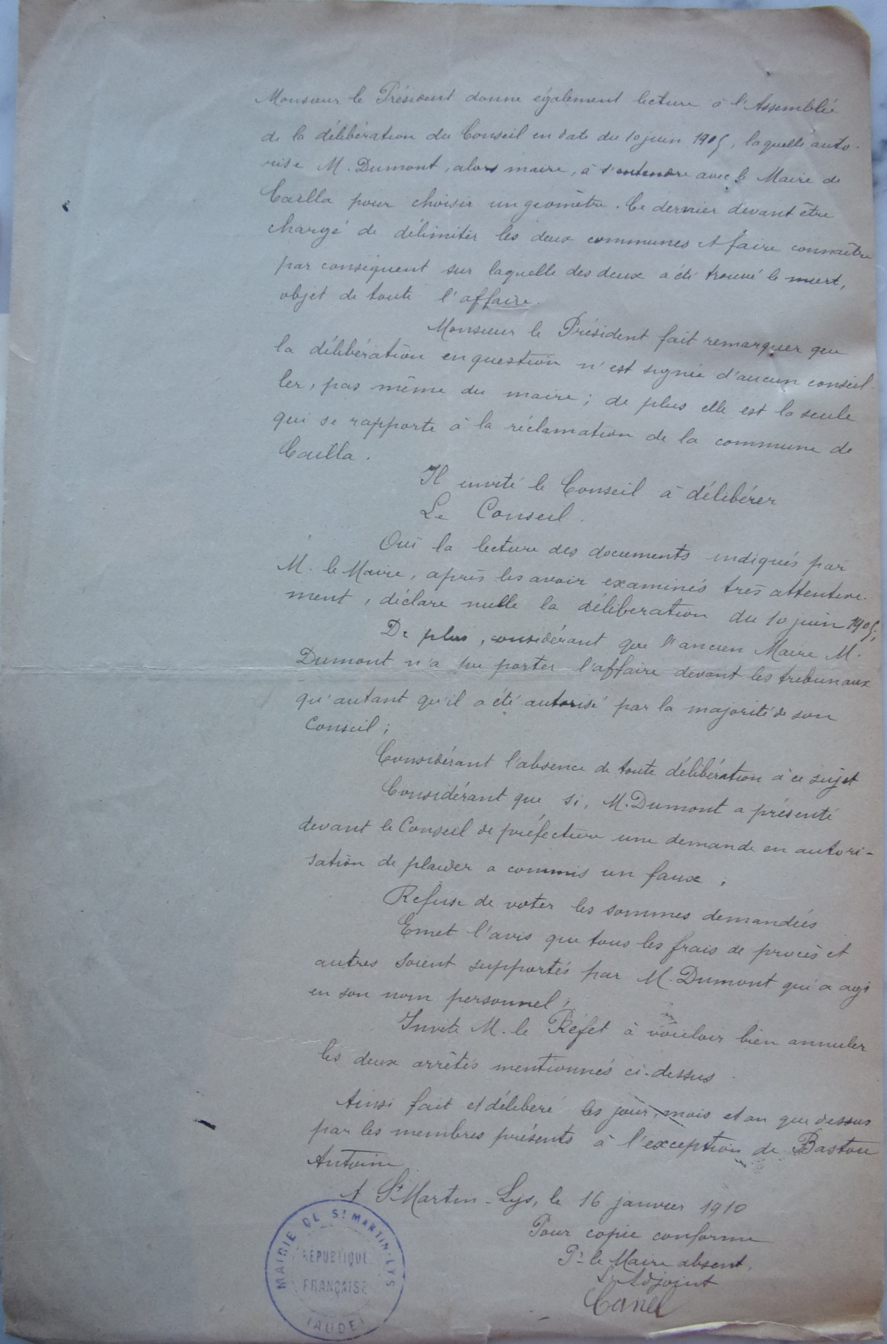 15 janvier 1910 - Délibération du conseil municipal -  Affaire Cailla - St Martin Lys p2 double