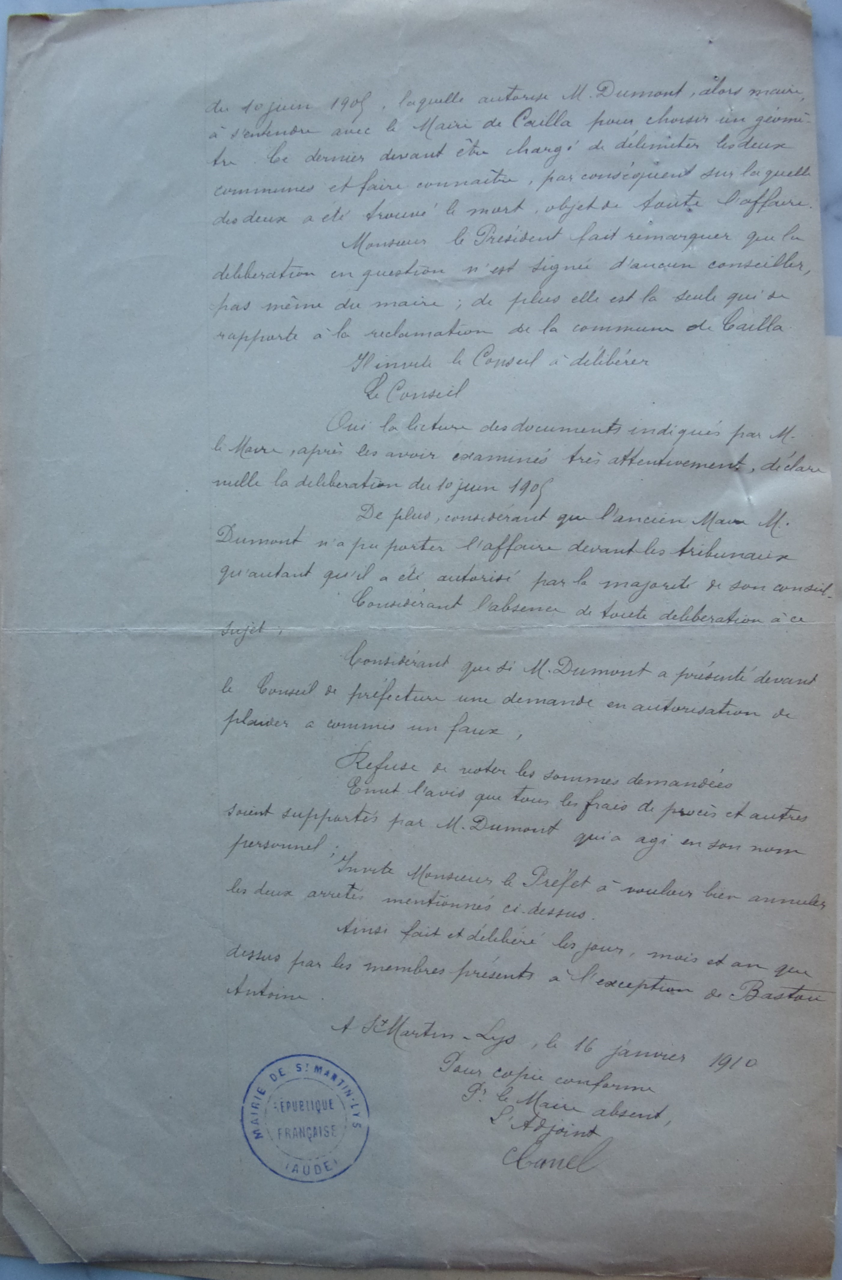 15 janvier 1910 - Délibération du conseil municipal -  Affaire Cailla - St Martin Lys p2