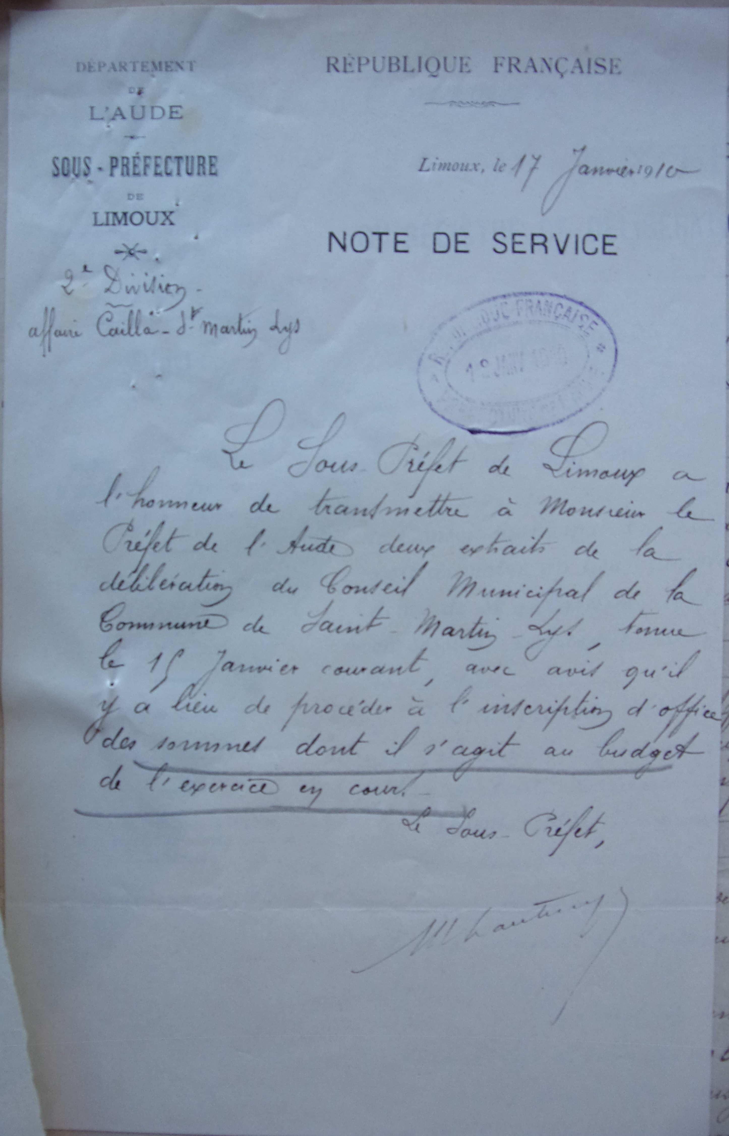 17 janvier 1910 - Courrier du sous-préfet au préfet - transmission de délibération du conseil