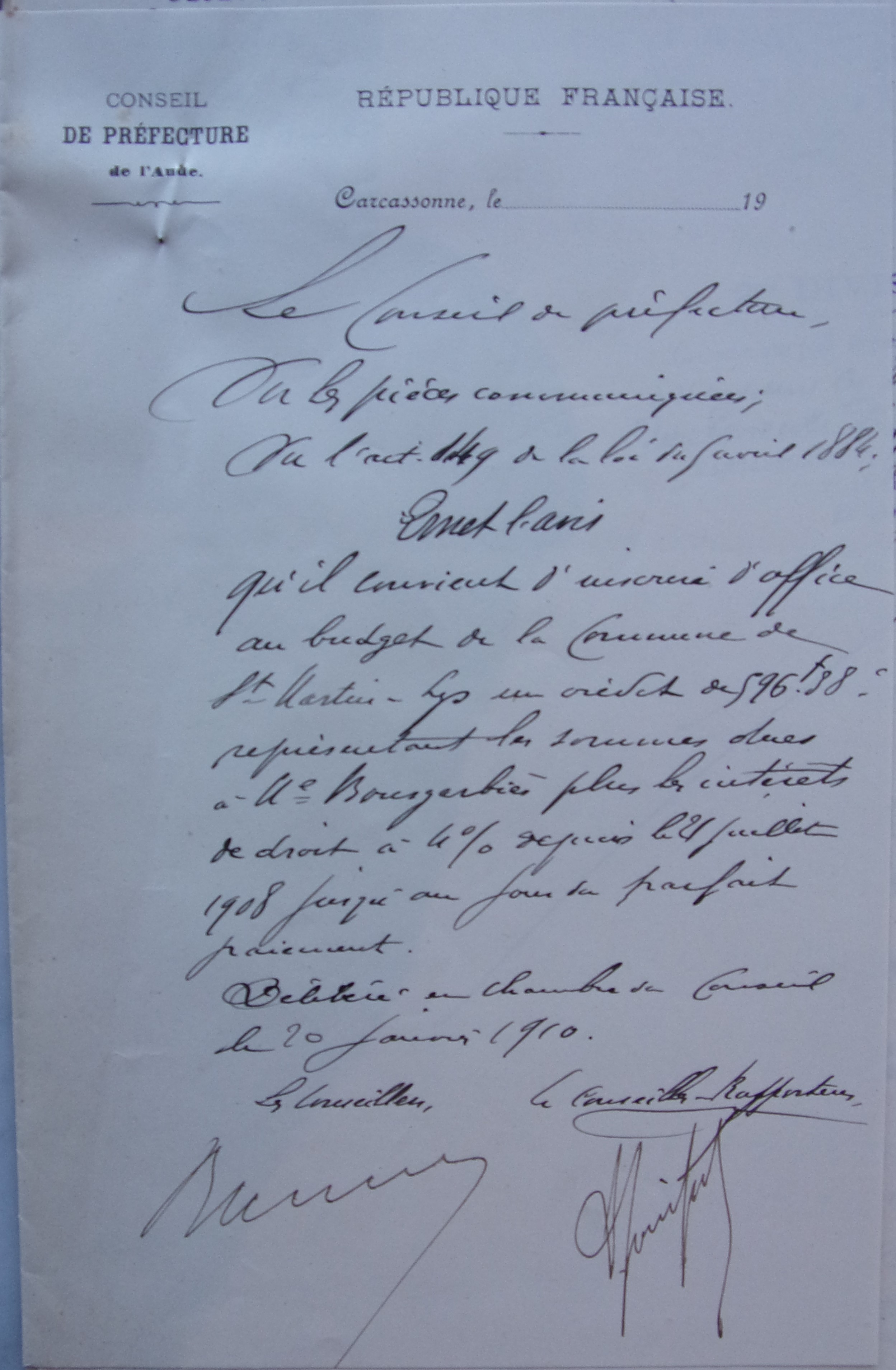 20 janvier 1910 - Conseil de préfecture inscription d'office au budget des sommes dues à Bousgarbiès