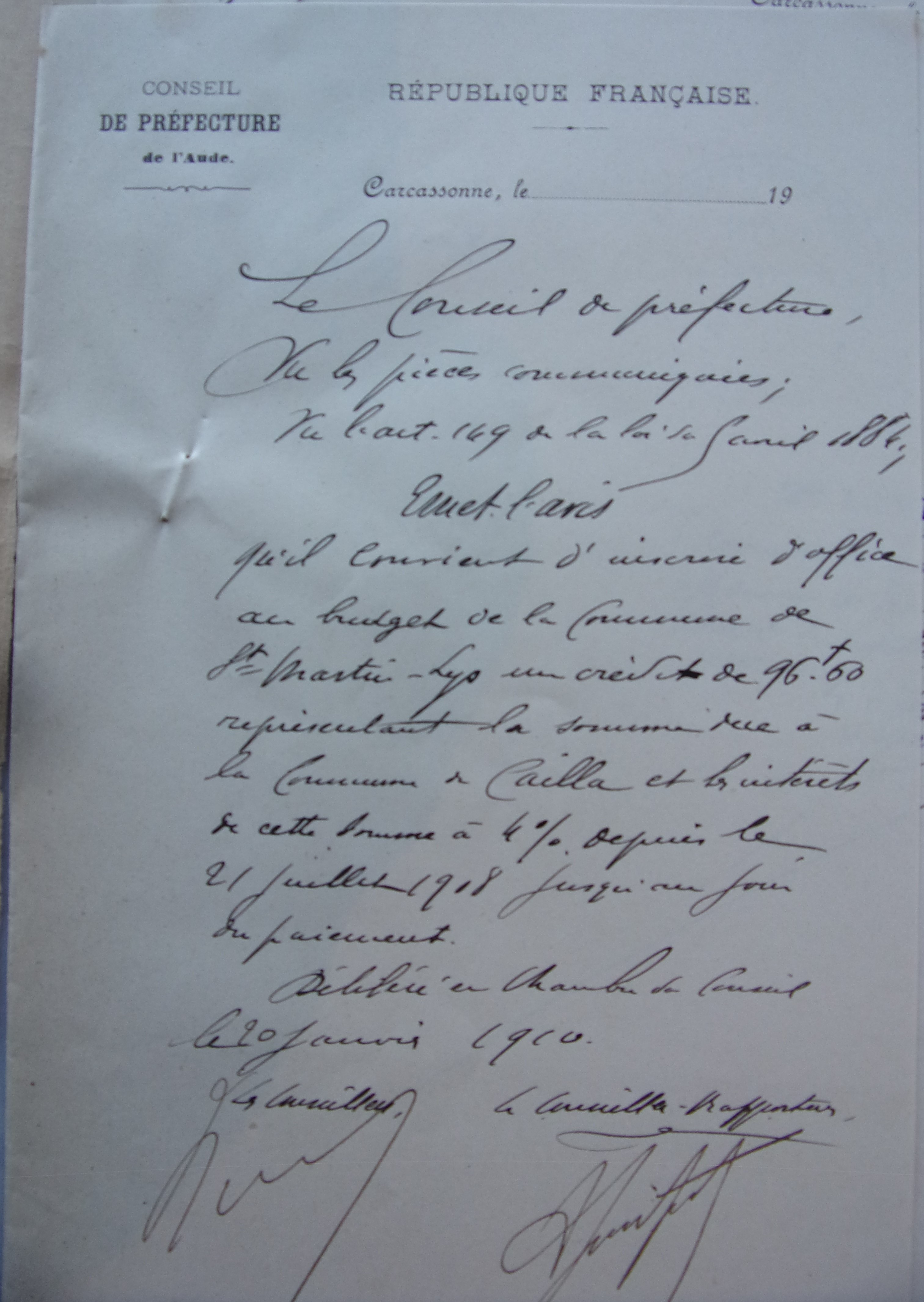 20 janvier 1910 - Conseil de préfecture inscription d'office au budget des sommes dues à Cailla