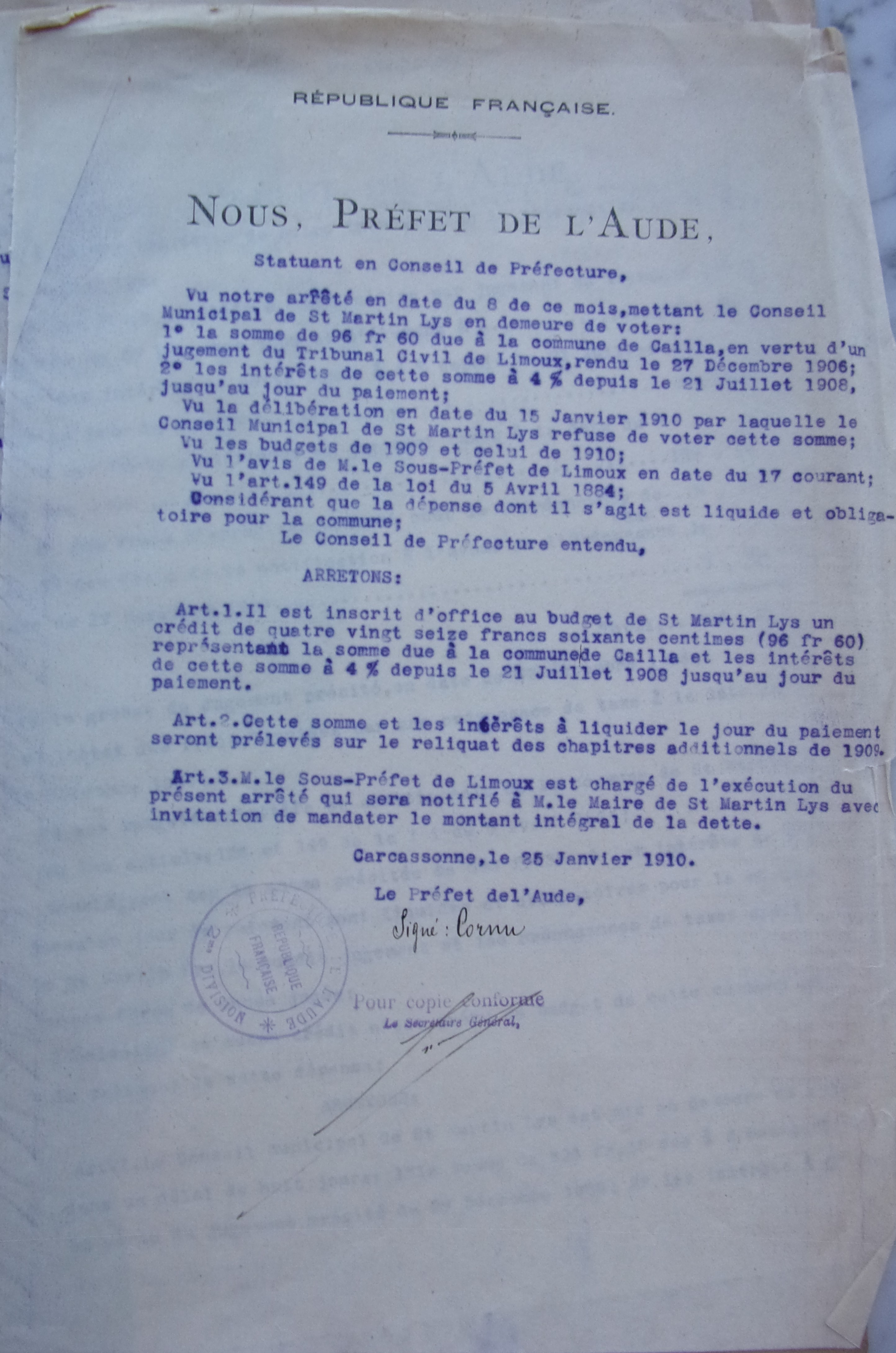 25 janvier 1910 - Arrêté préfectoral - inscription d'office au budget des sommes dues à Bousgarbiès