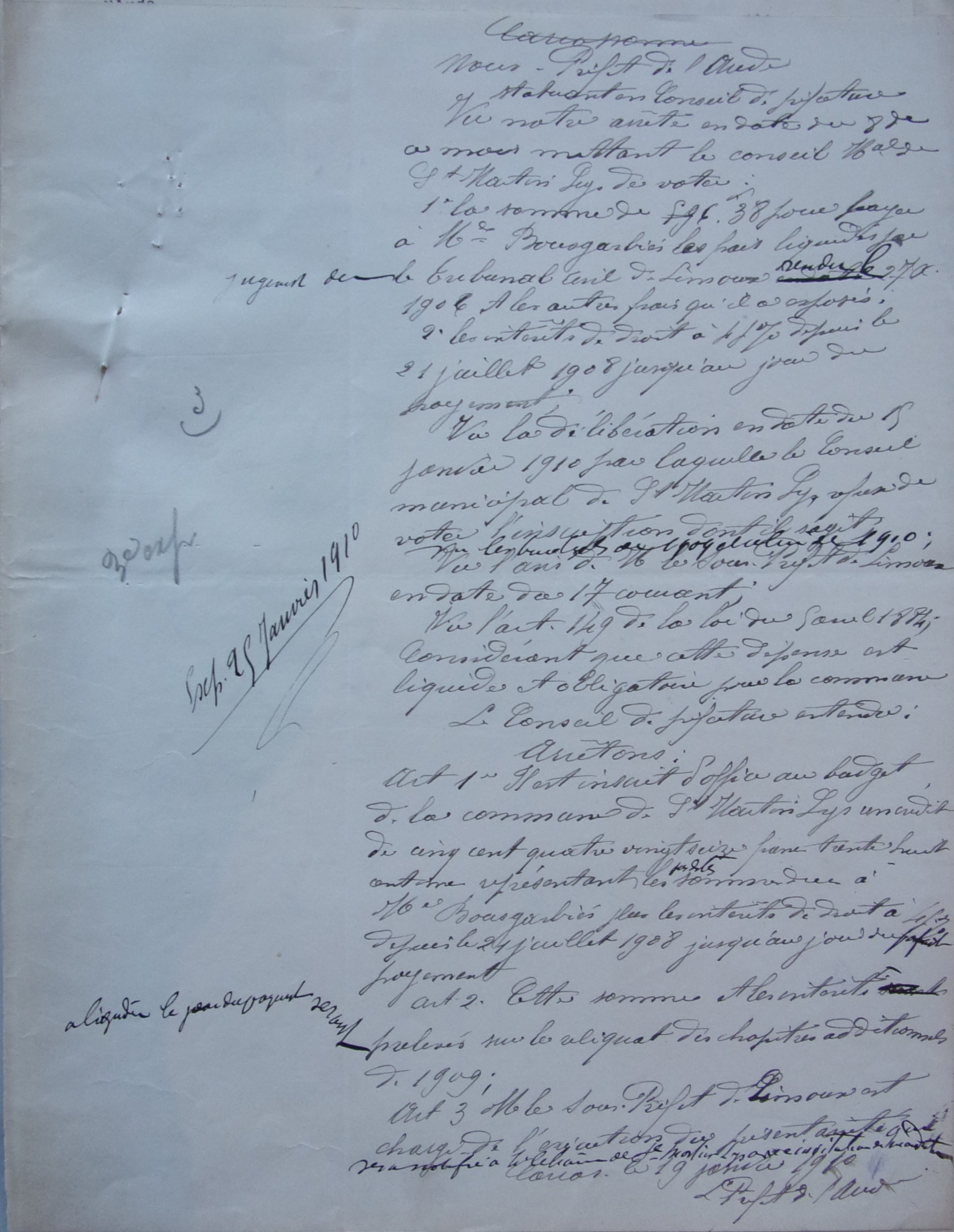 25 janvier 1910 - brouillon de Arrêté préfectoral - inscription d'office au budget des sommes dues à Bousgarbiès