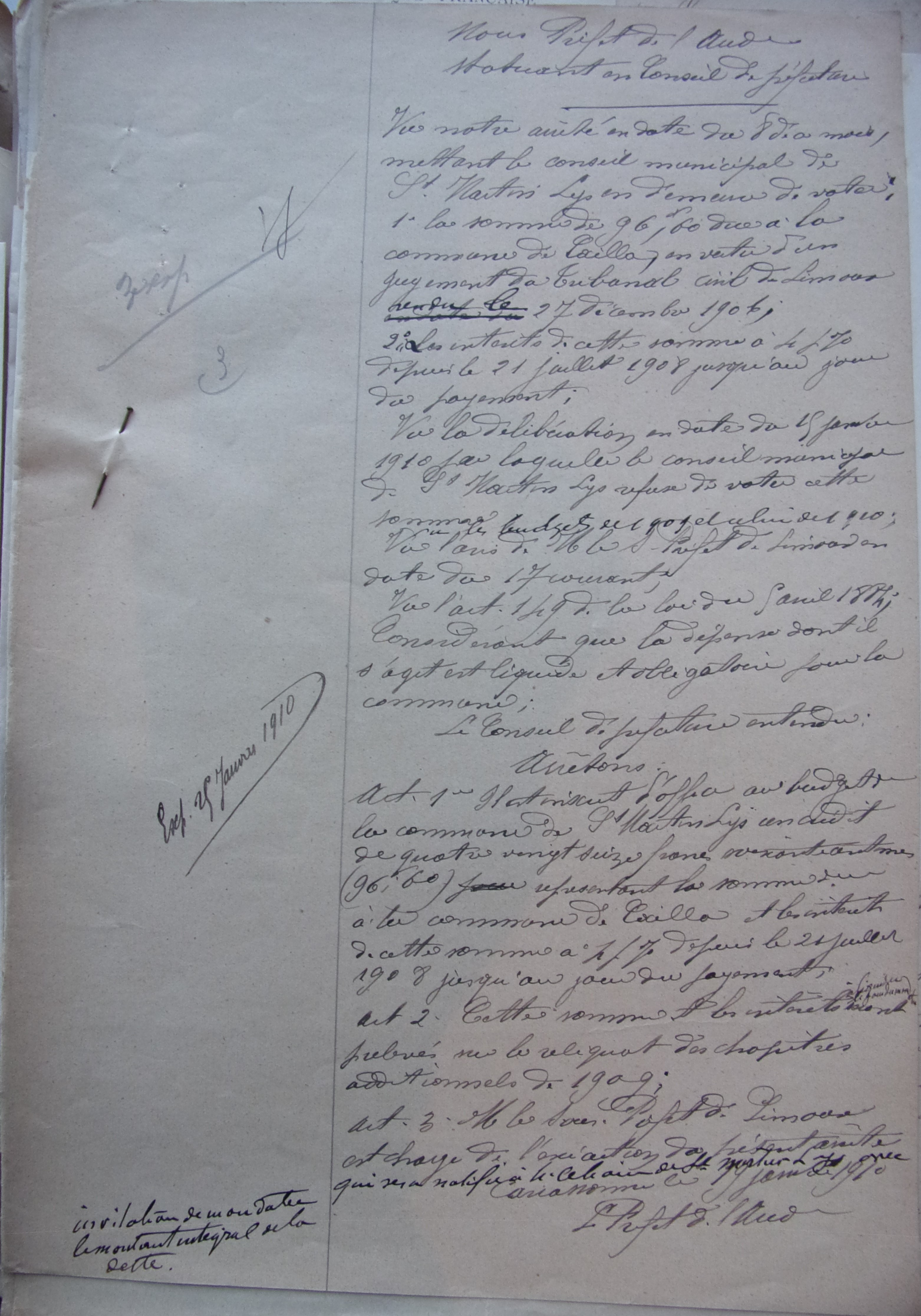 25 janvier 1910 - brouillon de Arrêté préfectoral - inscription d'office au budget des sommes dues à Cailla