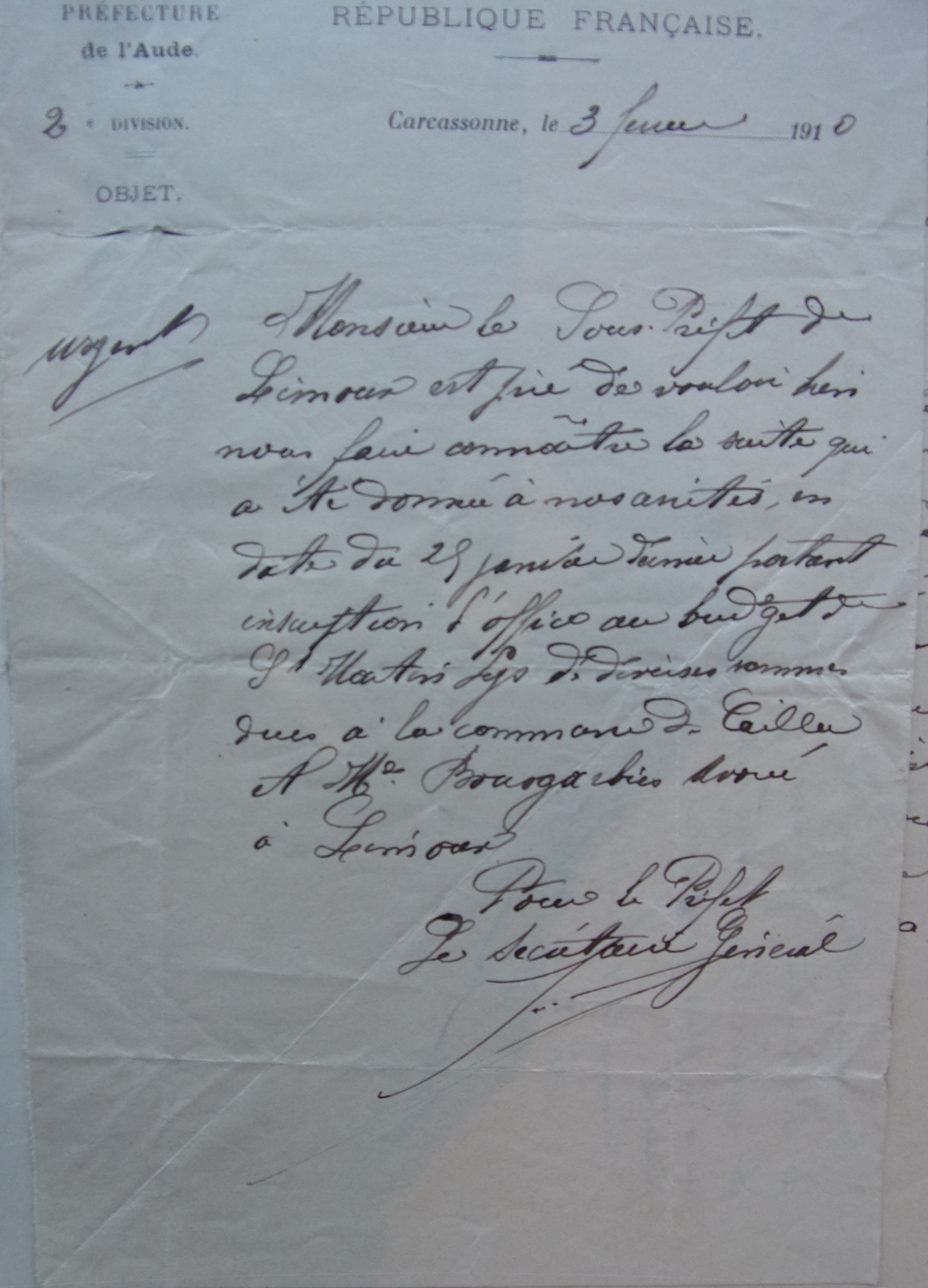 20 janvier 1910 - Courrier du préfet au sous-préfet pour inscription d'office au budget des sommes dues à Cailla et à l'avoué Bousgarbiès v1