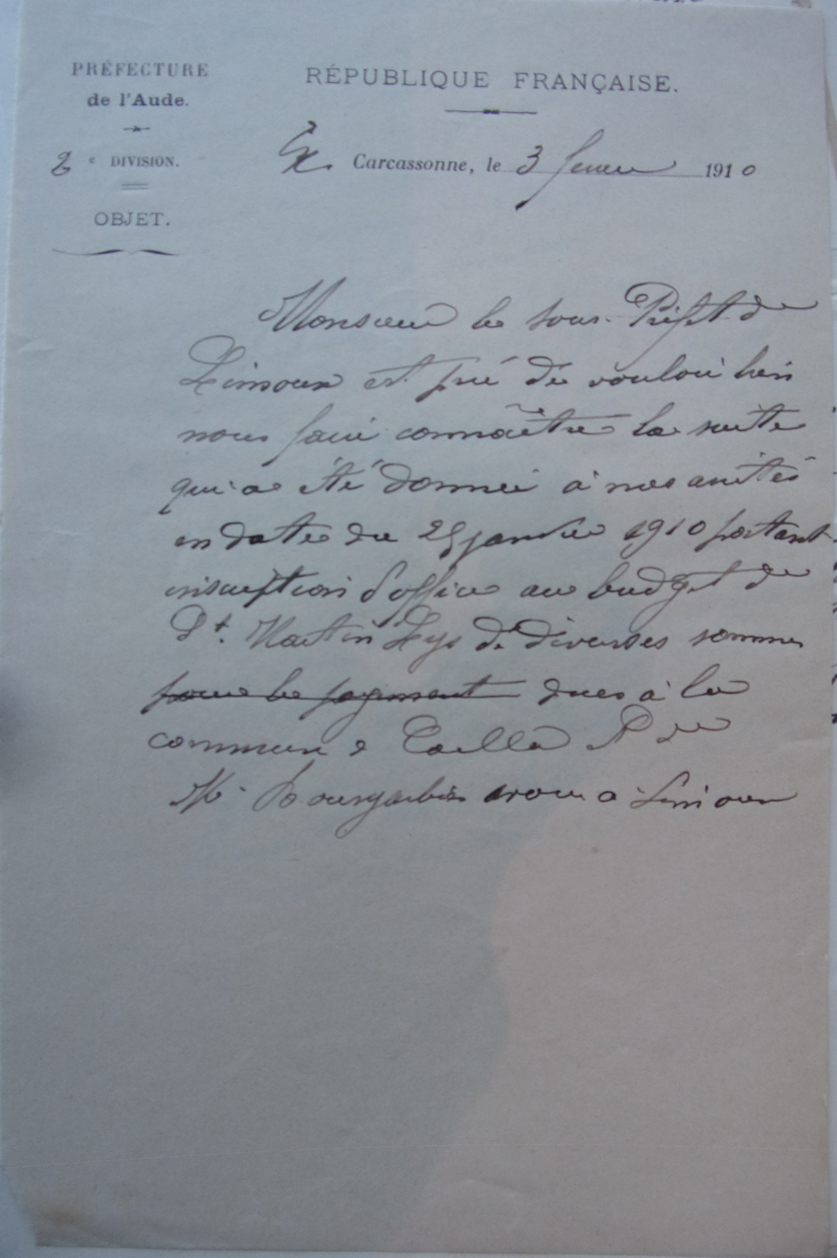 20 janvier 1910 - Courrier du préfet au sous-préfet pour inscription d'office au budget des sommes dues à Cailla et à l'avoué Bousgarbiès v0