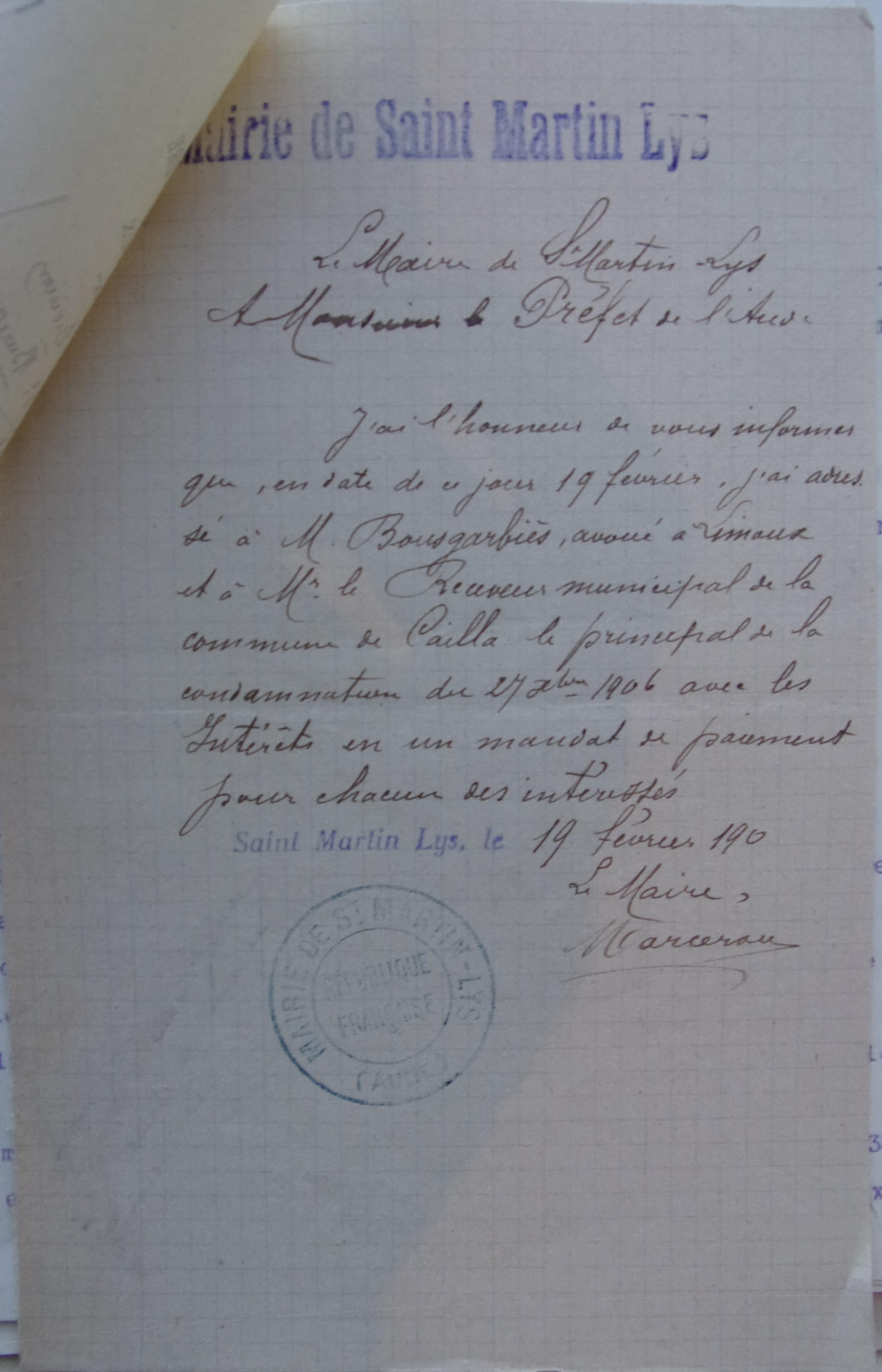 19 février 1910 - Courrier du maire au sous-préfet indiquant le paiement du principal de la condamnation contre Cailla