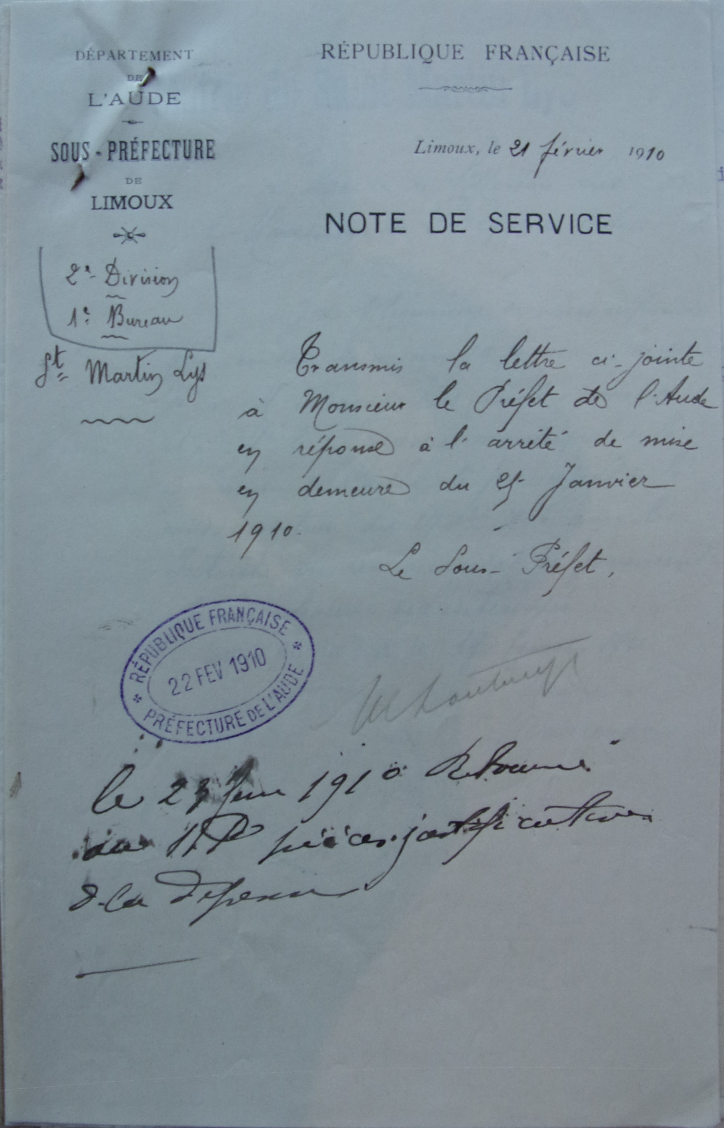 19 février 1910 - Note de service accompagnant le courrier précédent lors de sa transmission au Préfet